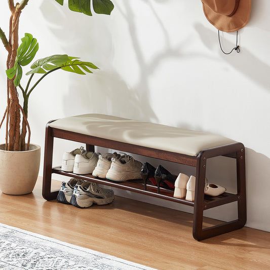 Achicsofar Shoe Rack Bench,2 Tier Wooden Entryway Bench with Shoe Storage, Shoe Rack with Cushion for Living Room, Hallway(Pu Beige, 39.4")