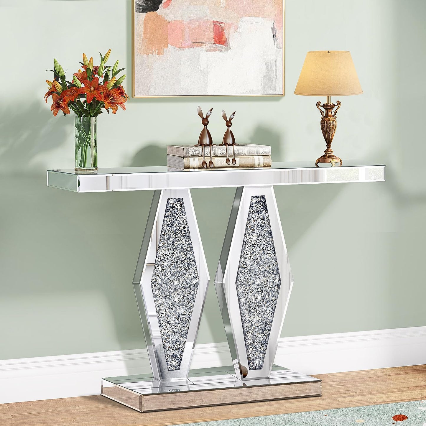 GA Home Modern Mirrored Entryway Console Tables with Crushed Diamond Inlay, 39.37" Long Silver Hallway Table for Entryway, Glam Glass Foyer Table for Home Decor