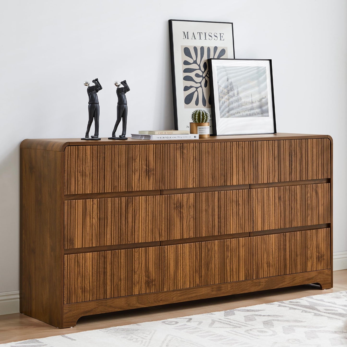 BERRYMERRY Fluted Dresser for Bedroom with 9 Drawers,63" Wide Modern Chest of Drawers with Curved Profile & Deep Drawer,Large Wood TV Dresser for Bedroom Living Room