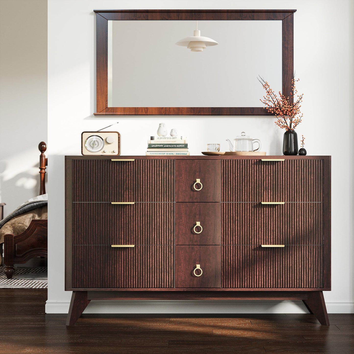 LIKIMIO Dresser for Bedroom 9 Drawers with LED Light, 55" Wide Fluted Chest of Drawers, Wood Closet Organizer, TV Stand for Living Room, Walnut