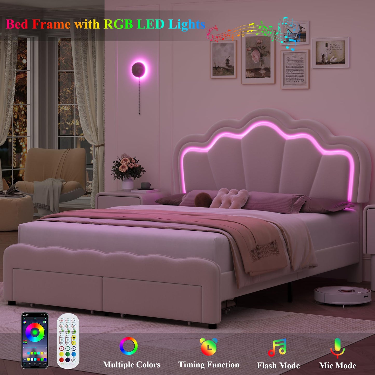 HOSTACK Queen Upholstered LED Bed Frame with Storage Drawers, Cute Girls Bed with Adjustable Lotus Headboard, Velvet Princess Platform Bed Frame, Wooden Slats Support, No Box Spring Needed, Cream