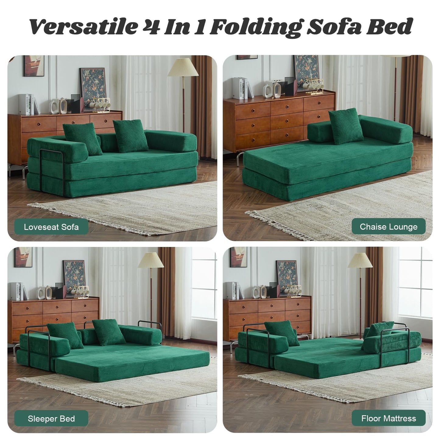 ETCZOYE Folding Sofa Bed, Modular Sectional Cloud Couch, Convertible Sleeper Sofa Bed with Pillow Back Support Armrest for Living Room Bedroom Lounge, No Assembly Required, Corduroy (Dark Green)