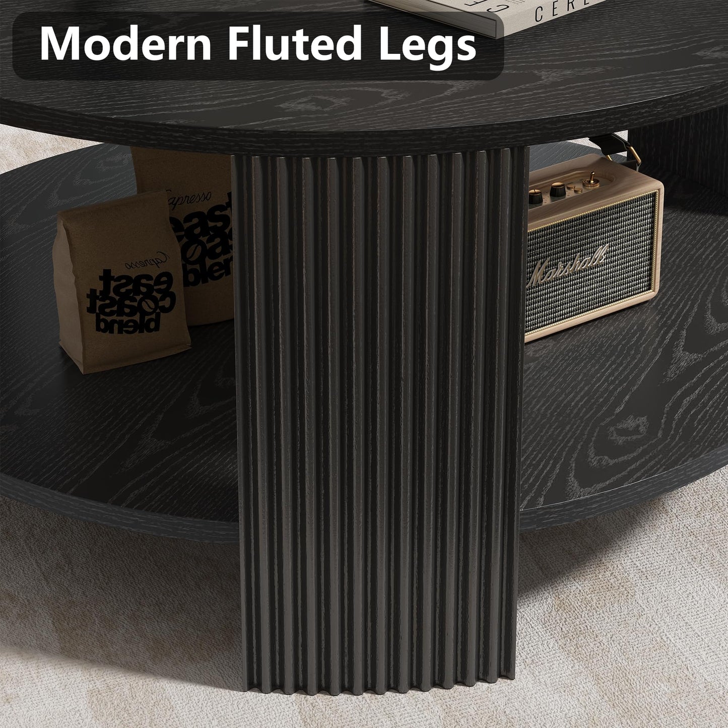 Furniouse Round Coffee Table 31.5''in Modern Coffee Table with Fluted Legs, 2 Tier Circle Wood Coffee Table with Storage for Living Room, Black