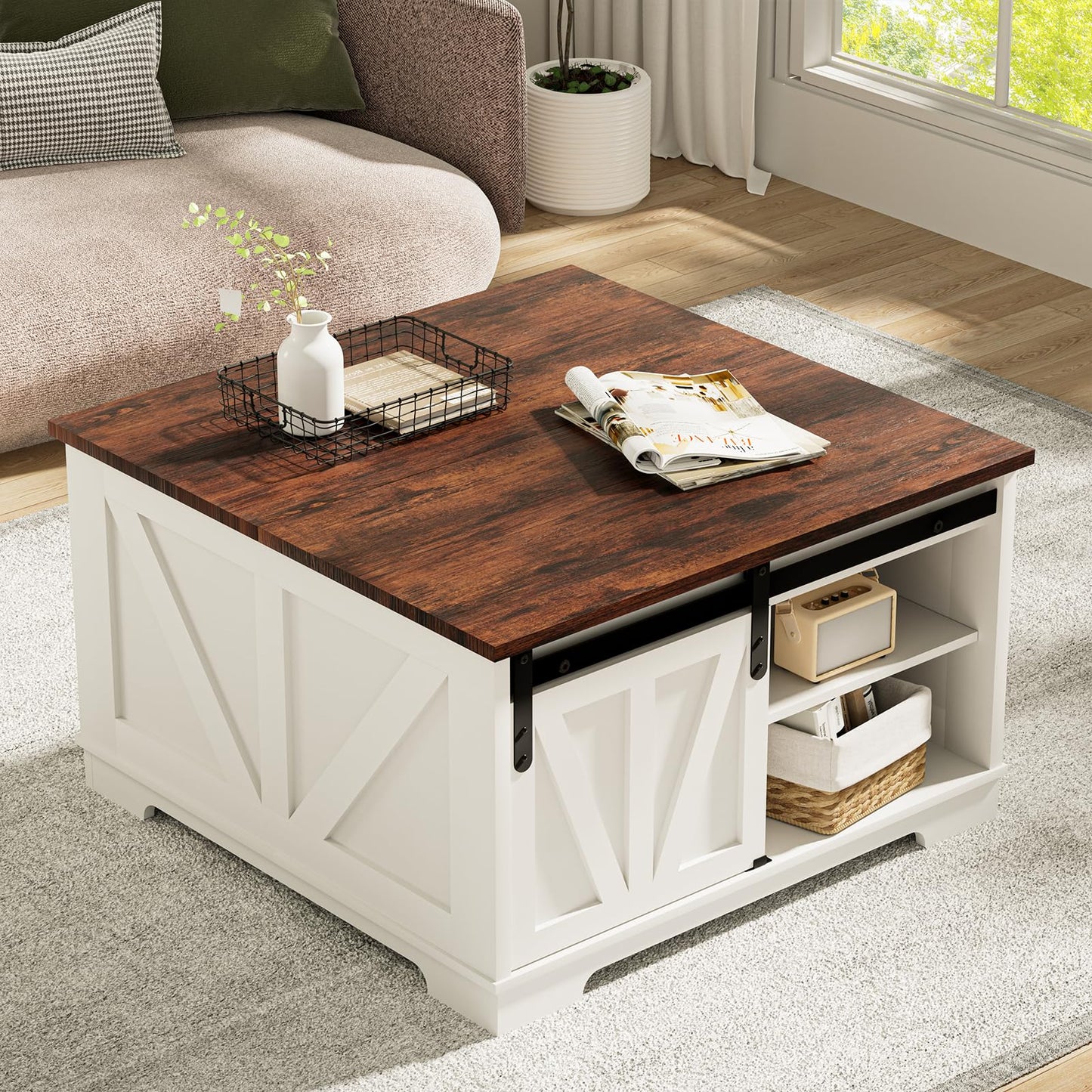 Loftiage 31.5” Lift Top Coffee Table with Hidden Storage, Farmhouse & Modern Square Coffee Table, Space Saving Center Table for Living Room, Home Office, Small Spaces