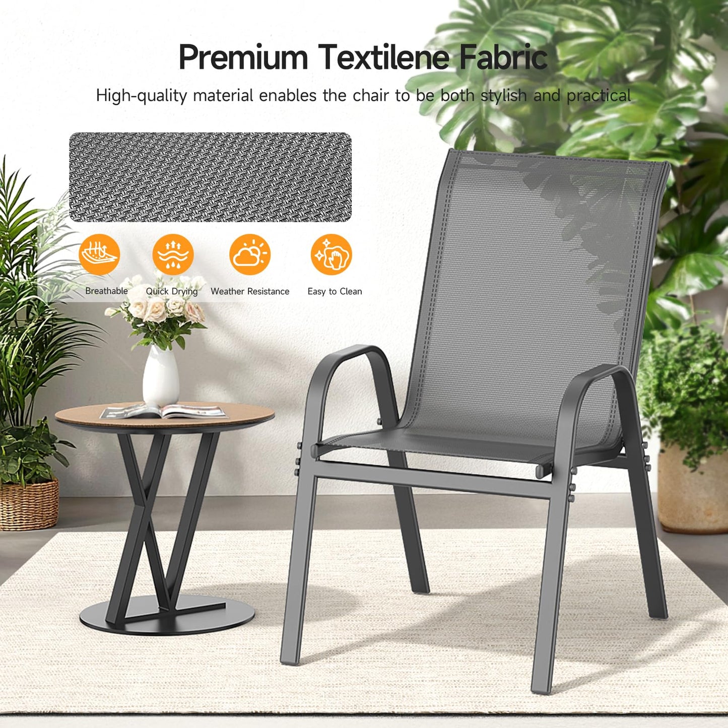 ONBRILL Patio Chairs set of 4, Easy Assembly Stackable Outdoor Dining Chairs with Wide Seat and Sturdy Metal Frame, Breathable All Weather Textilene Outdoor Chairs Set of 4 for Deck, Pool, Porch, Grey