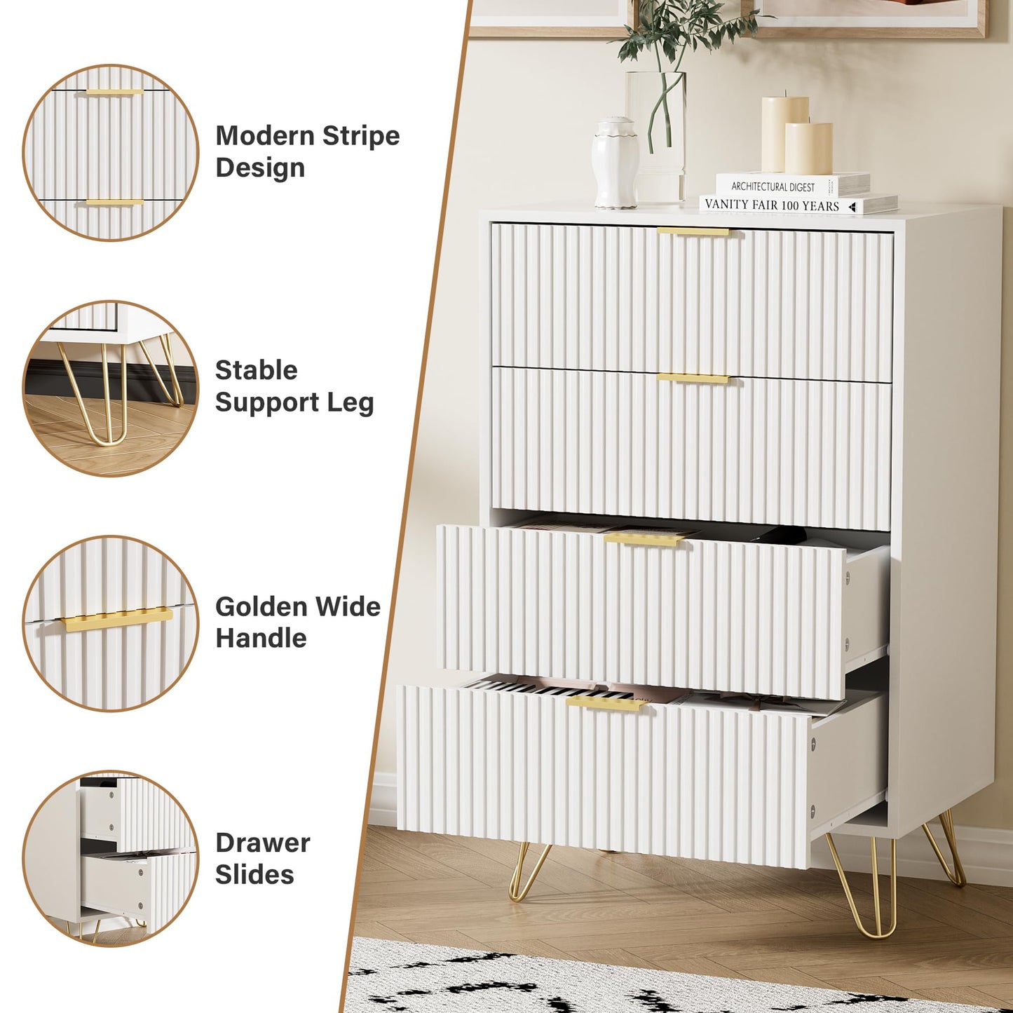 Furniway White Dresser for Bedroom, Modern Wide Dresser with Gold Pulls and 4 Drawers for Bedroom, Closets, 15.7" D x 23.6" W x 37.4" H