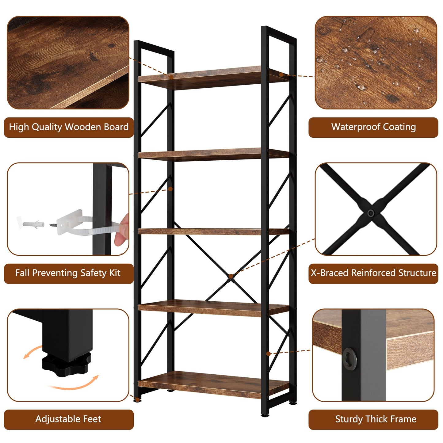 Shintenchi Bookshelf, 5 Tier Bookshelf, Tall Bookcase Shelf for CDs/Movies/Books, Home Office Bookcase Shelf Storage Organizer, Modern Book Shelf for Bedroom/Living Room/Home Office, Rustic Brown
