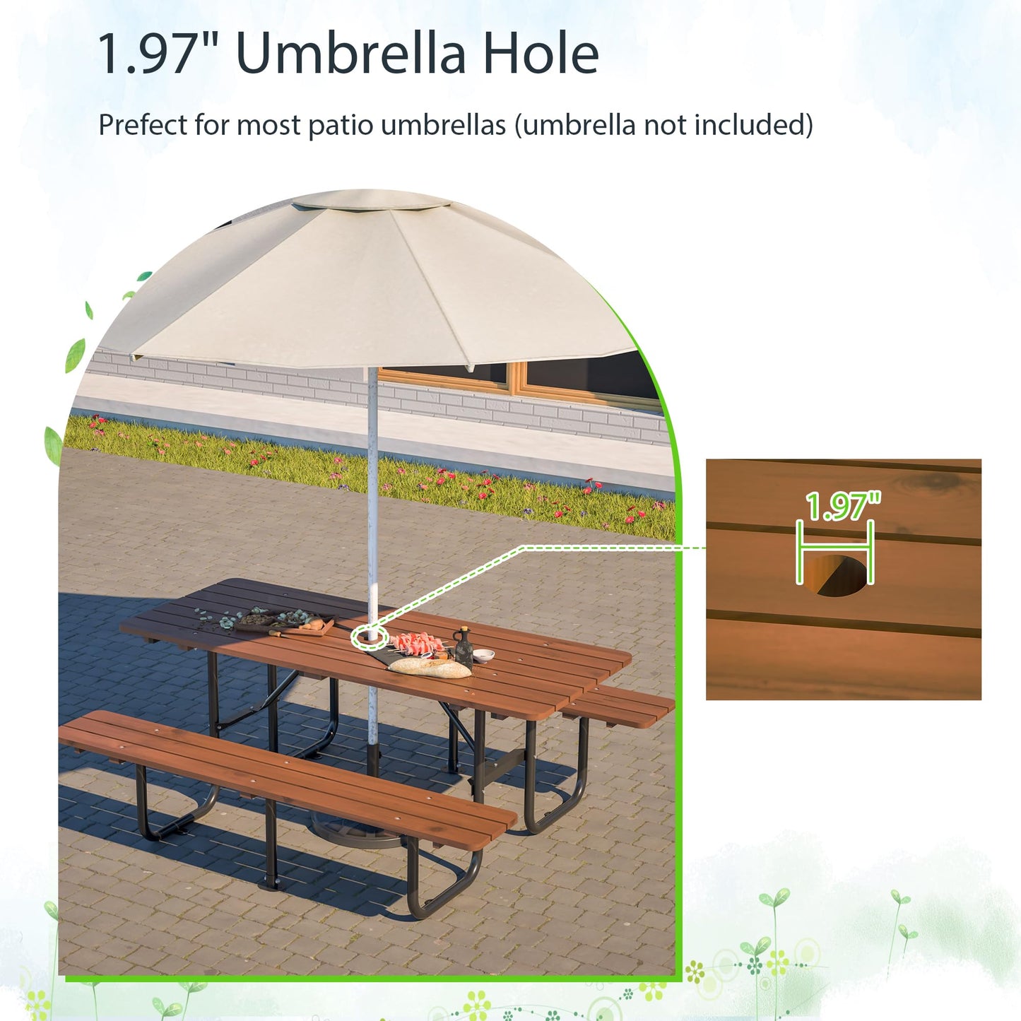 QUAWIP 72" Rectangular Outdoor Picnic Table - 6 Person Brown Wooden Dining Set with Built-in Benches, Ideal for Garden BBQ & Courtyards