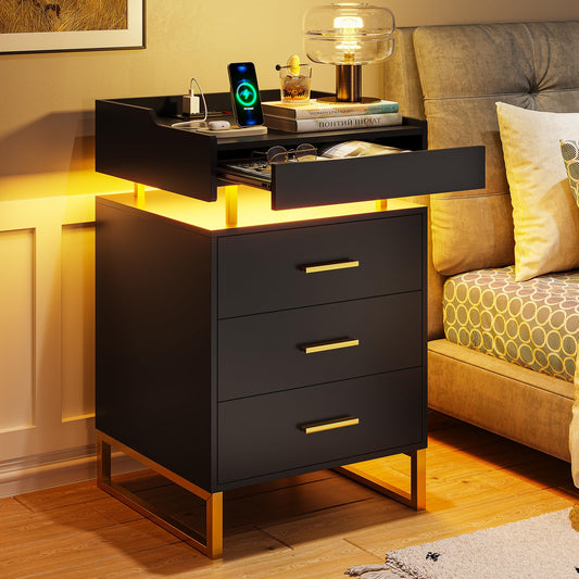 BTHFST LED Nightstand with Charging Station, Night Stand with 3 Drawers and 1 Pull-Out Tray, End Side Table with Storage, Bedside Table with LED Lights & Metal Legs, Black and Gold