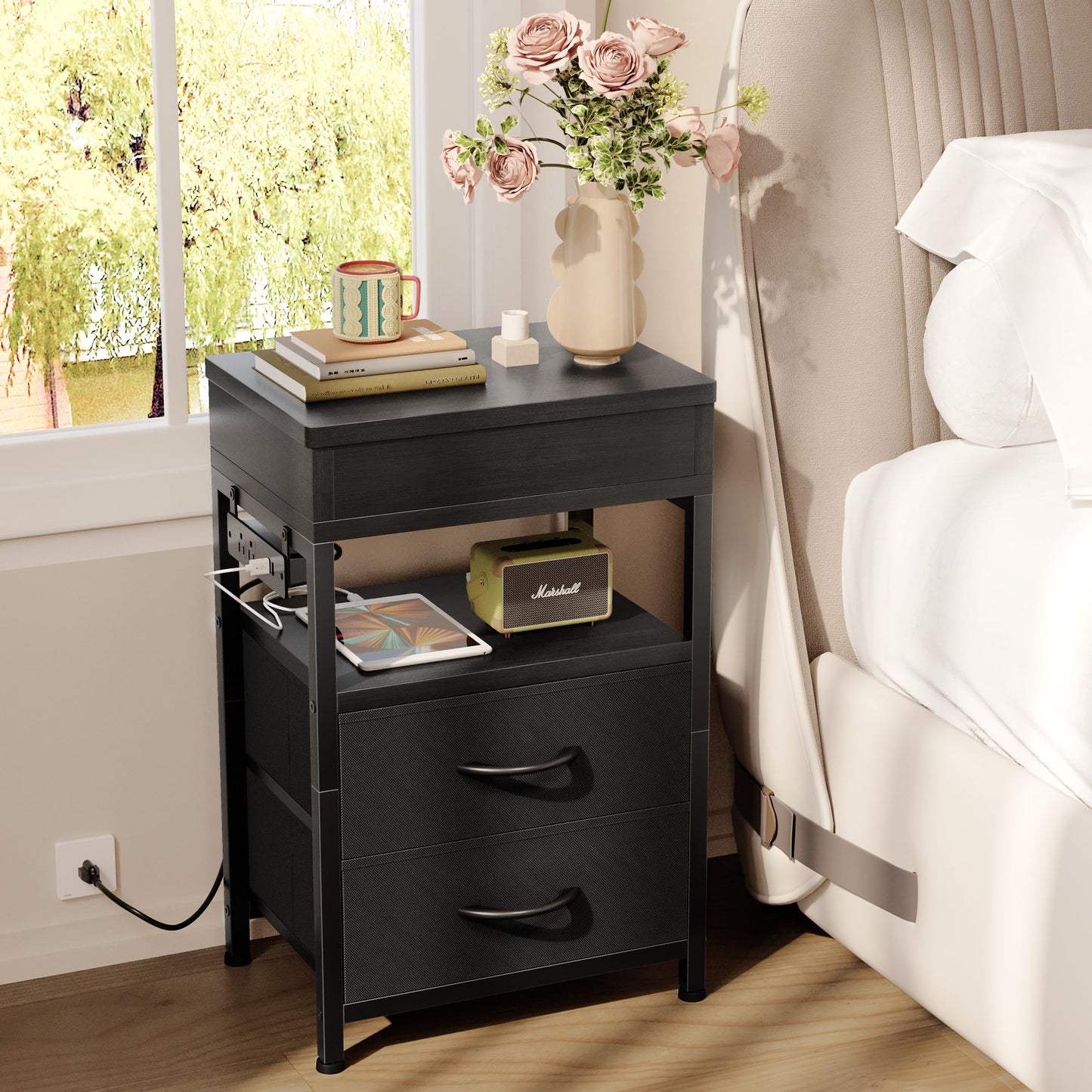 Lazzanto Nightstand Hidden Drawer Charging Table - Night Stand with Charger Station and Sliding Top Storage, Morden Bedside Table with 2 Fabric Drawers, for Dorm Living Room Bedroom, Black