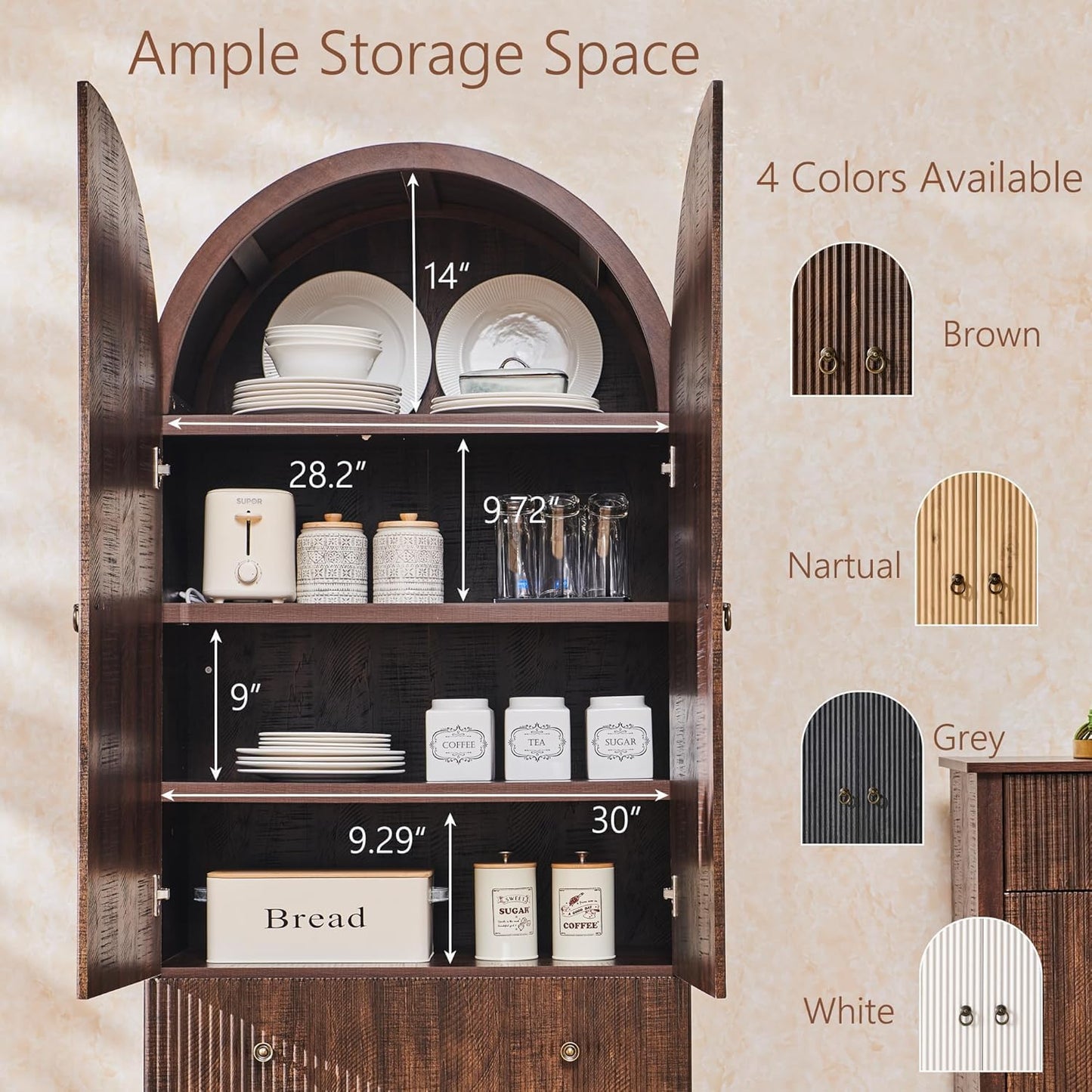 IFBUY 71" Tall Arched Bathroom Storage Cabinet, Modern Fluted Cabinet Storage with 4 Shlves and 2 Drawers, Floor Cabinet for Bathroom, Living Room, Kitchen, Brown