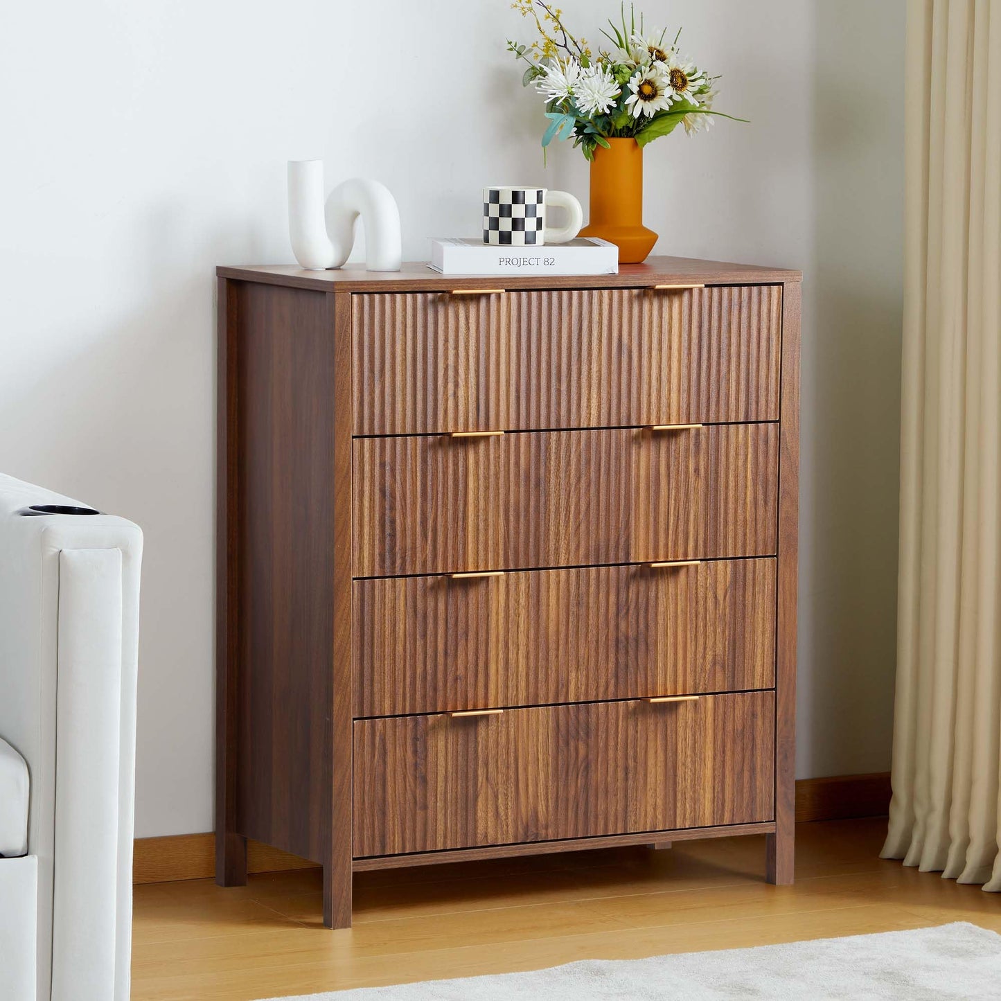 XUZENEST 4 Drawer Dressers for Bedroom, Modern Closet Chest of Drawers with Waveform Fluted Panel, Large Wood Storage Dresser Organizer for Nursery Bedroom Living Room Hallway Closet, Walnut