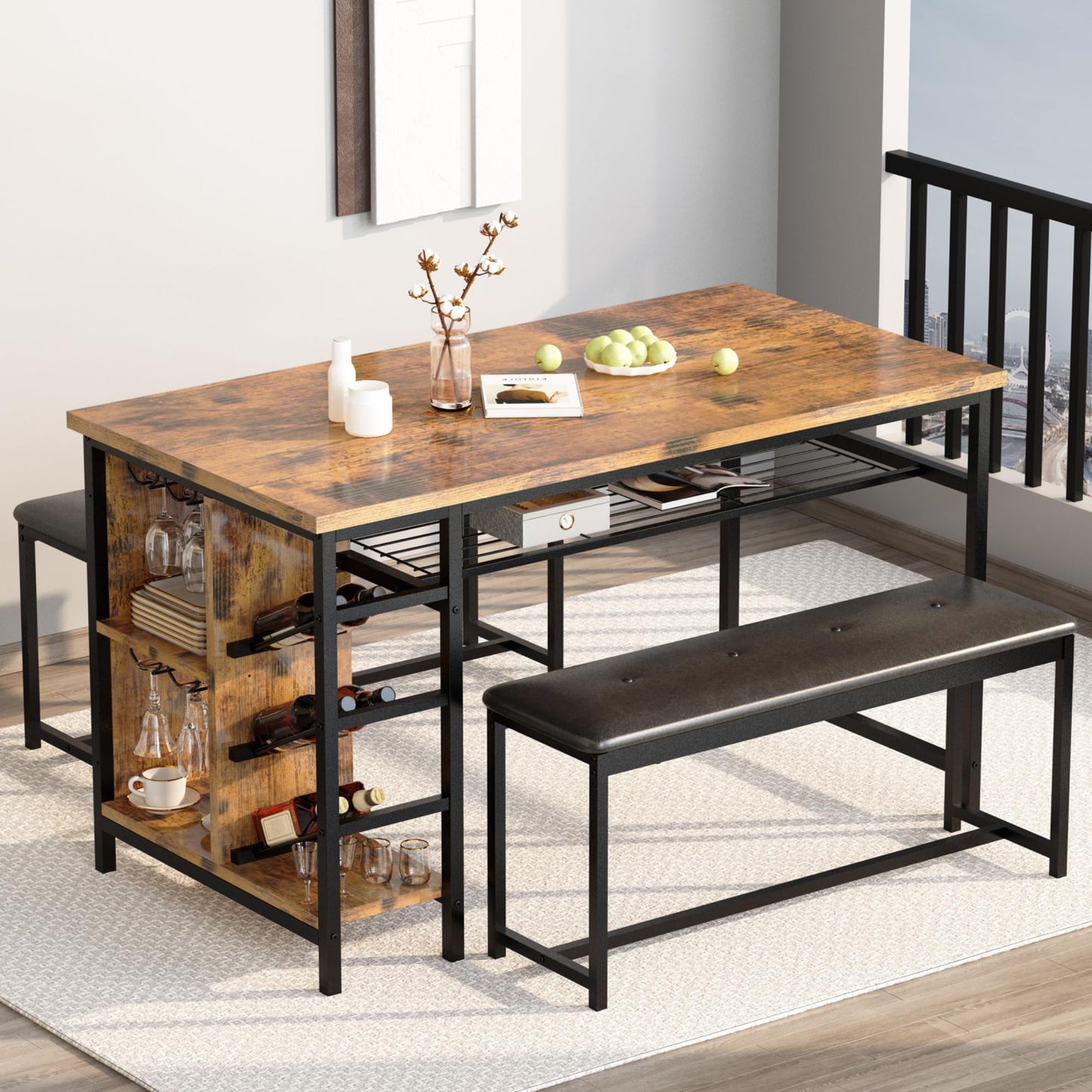 AWQM Space Saving Dining Table Set for 2-4 People, 53" Kitchen Table with 2 Upholstered Bench, Dinner Table with Wine Rack Glass Holder and Storage Shelf, 3-Piece Dinette Table for Small Apartment