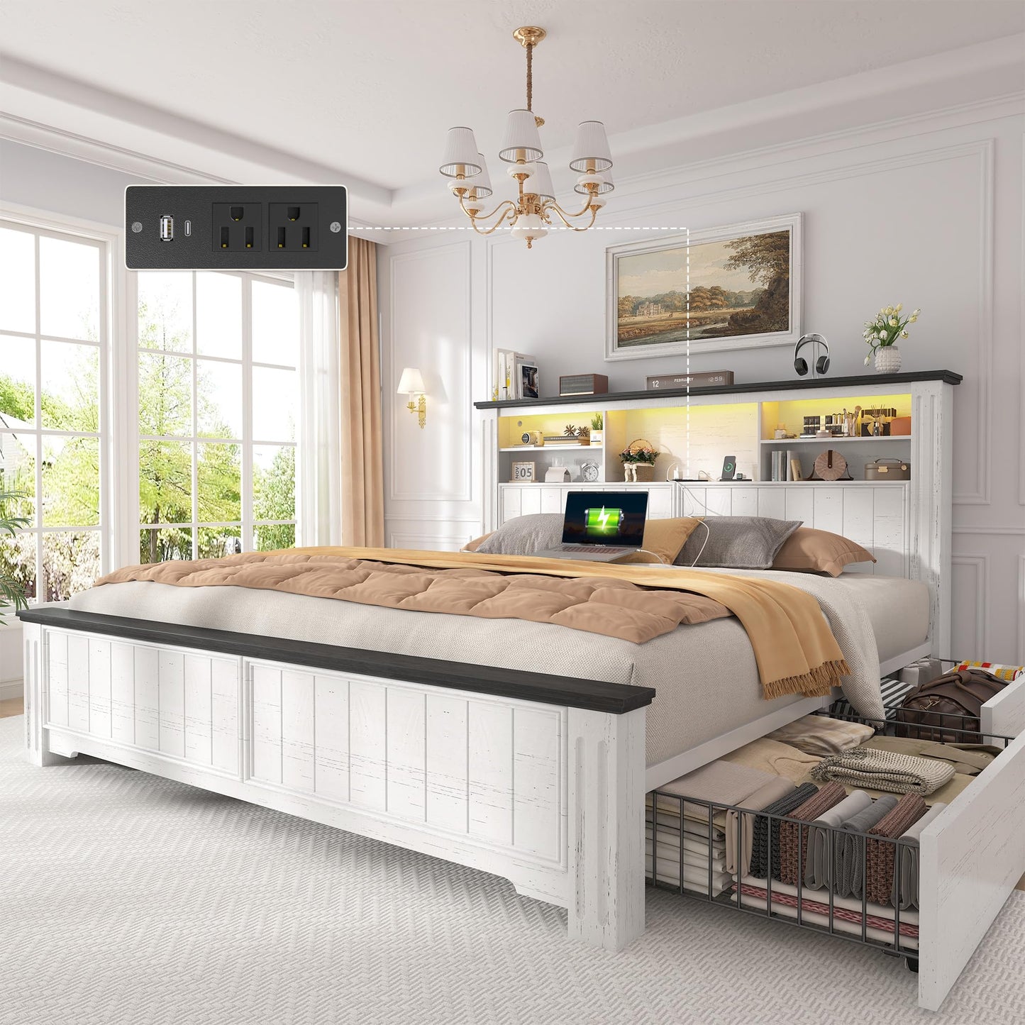 EnHomee Queen Bed Frame with Headboard, Bed Frame Queen Size with 4 Drawers Charging Port & LED, Farmhouse Queen Bed Built in Charging Station,No Box Spring Needed,NO Noise,White with Grain Marks
