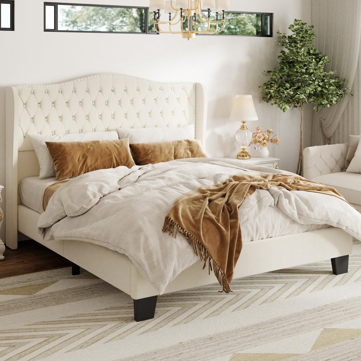 SwnftWinnt Queen Size Upholstered Bed Frame, Velvet Luxury Wingback Headboard, Platform Bed with Deep Button Tufted & Nailhead Trim, No Box Spring Needed, Noise Free, Easy Assembly, Beige