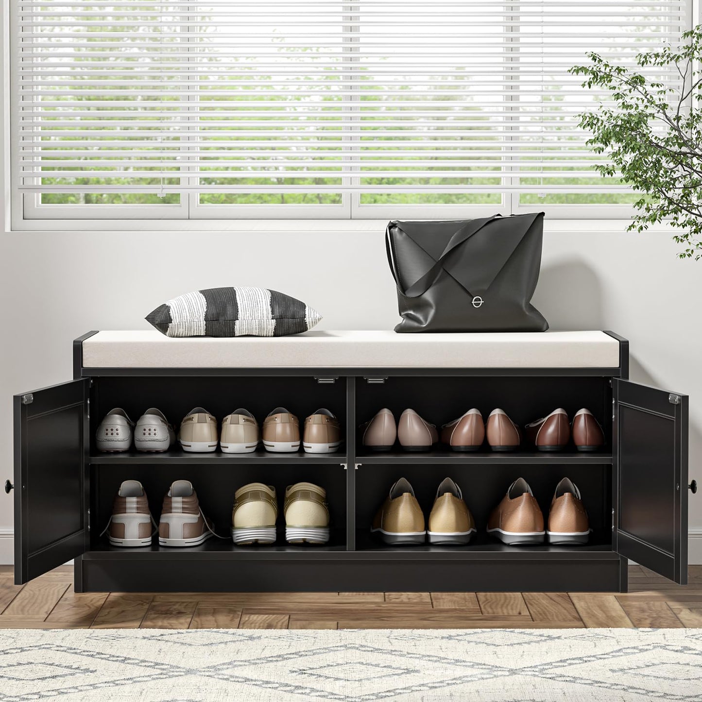 Skokliz Entryway Shoe Bench with Storage, 2 Doors 2-Tier Rattan Shoe Cabinet with Padded Cushion & Adjustable Shelves, Boho Shoe Organizer Storage Bench for Hallway, Bedroom, Entrance