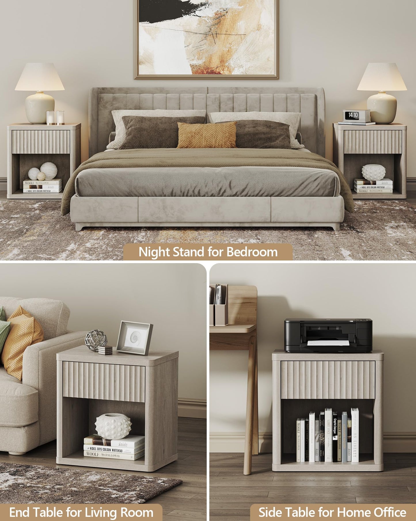 SICOTAS Night Stand Nightstand with Drawer Storage Fluted Bed Side Table End Table Large Modern Wide Bedside Stand Mid Century Night Stands for Bedroom Living Room Sofa Couch Home Office, White Alder