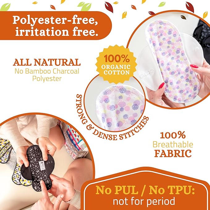 Non-Slip Organic Reusable Panty Liners for Women & Teens (Tanga, 7-Pack); High-Temp Washable Cotton Cloth Liners; Stay Fresh & Dry, for Daily Vaginal Discharge Only; 100% Breathable (no PUL/TPU)