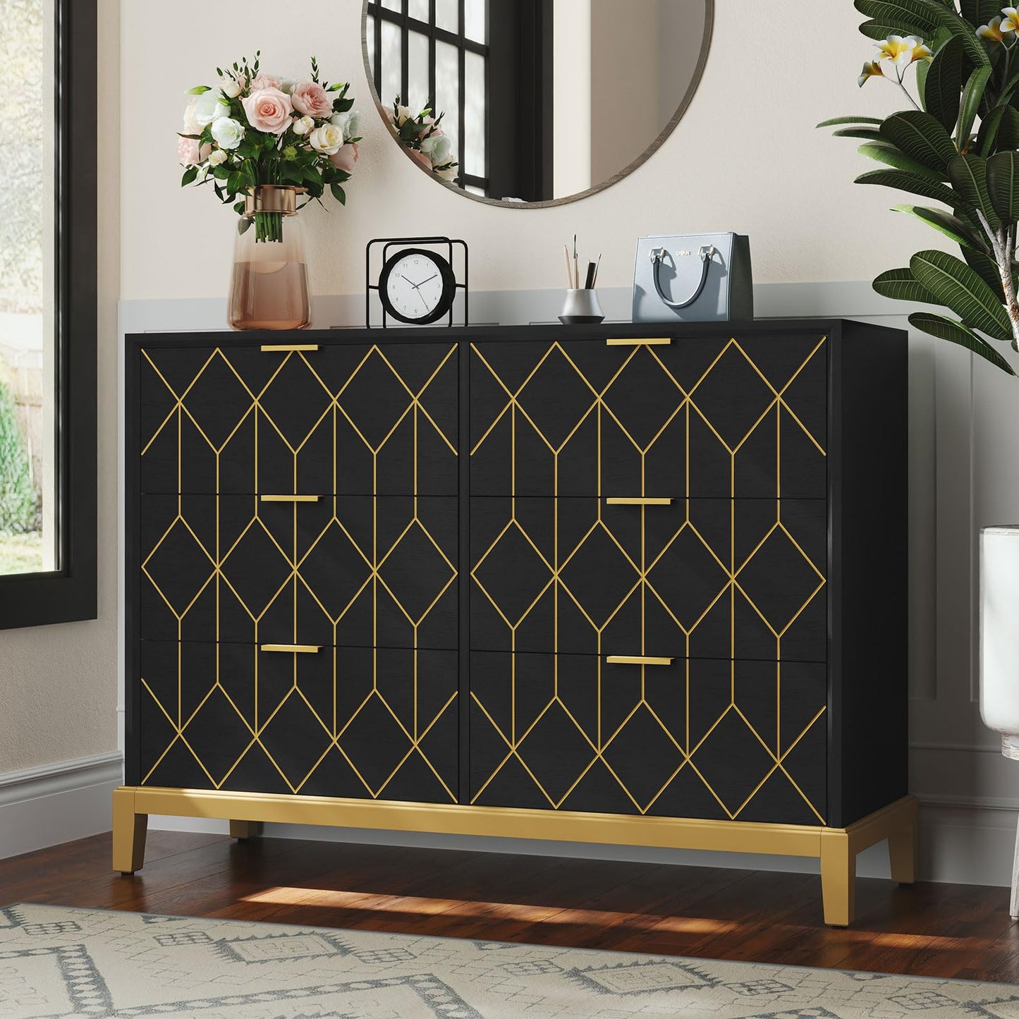 HLR Black Dresser with 6 Drawers,48" Modern Dresser Wide Chest of Drawers with Gold Lines Carved Design,TV Stand, Wood Dressers & Chest of Drawers for Bedroom, Living Room, Hallway