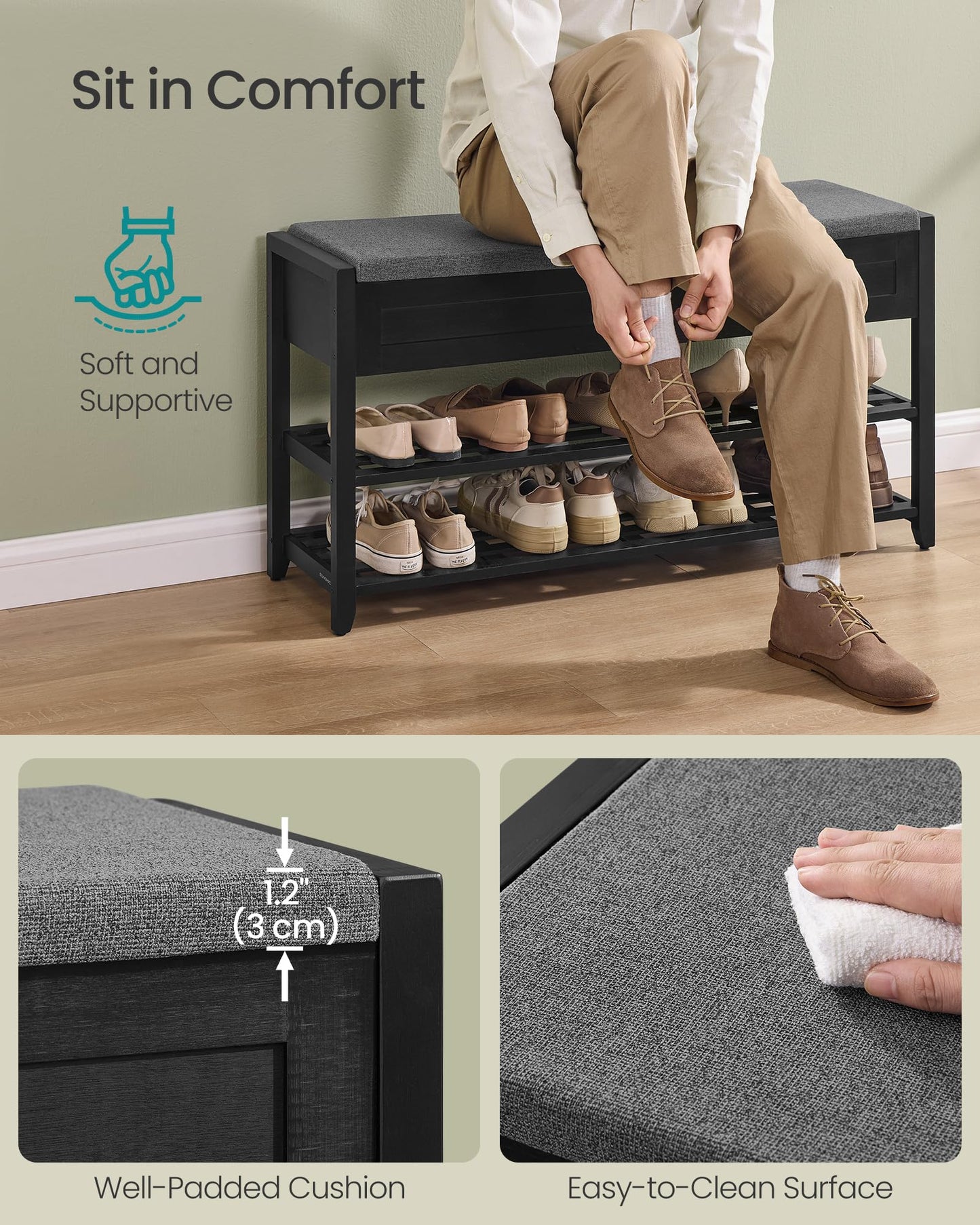 SONGMICS Storage Bench, Bamboo Shoe Rack, Entryway Furniture, 39.4 Inches Wide, Hidden Storage Compartments, 2-Tier Shoe Shelves, for Entryway, Living Room, Bedroom, Dorm, Ink Black ULSB059B01