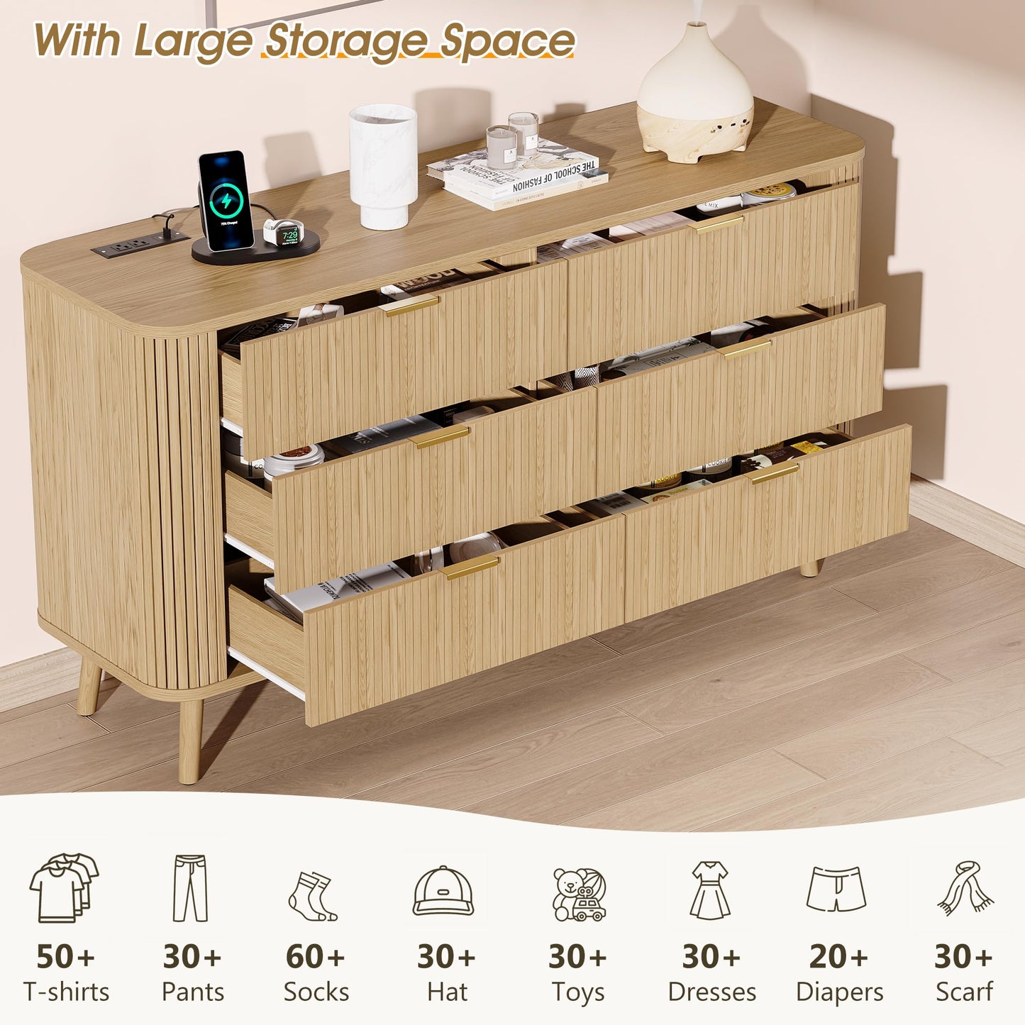 Alohappy Fluted 6 Drawer Dresser with Charging, 57" Wide Wood Dresser TV Stand, Mid Century Modern Long Dressers with Curved Profile Design for Closet (Natural Oak, 17.7" D x 57" W x 31.5" H)