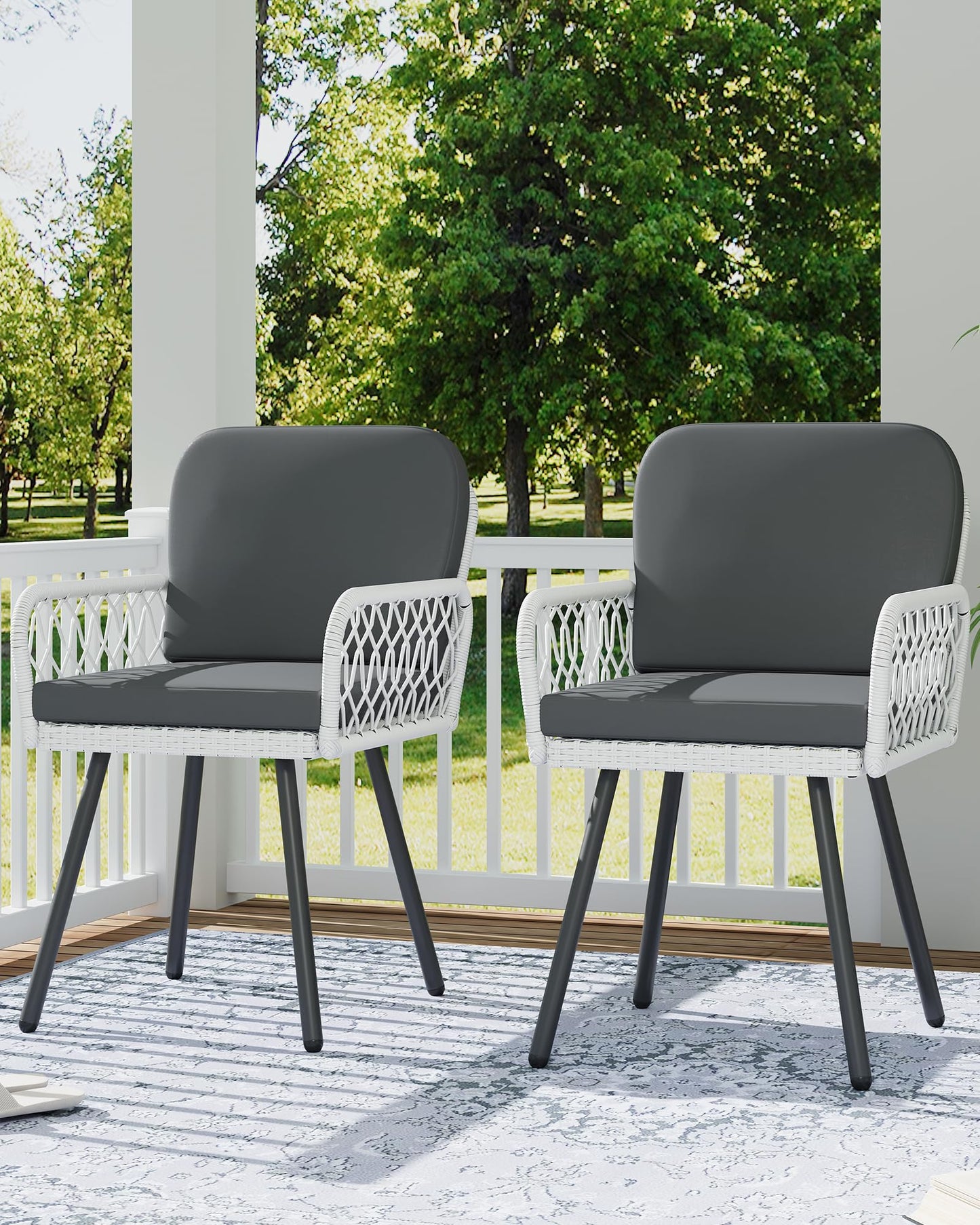 Patio Dining Chairs with 5mm Rattan & Cushions, 2-Piece Outdoor Chairs Set, Stackable Wicker Chairs with Metal Frame for Garden