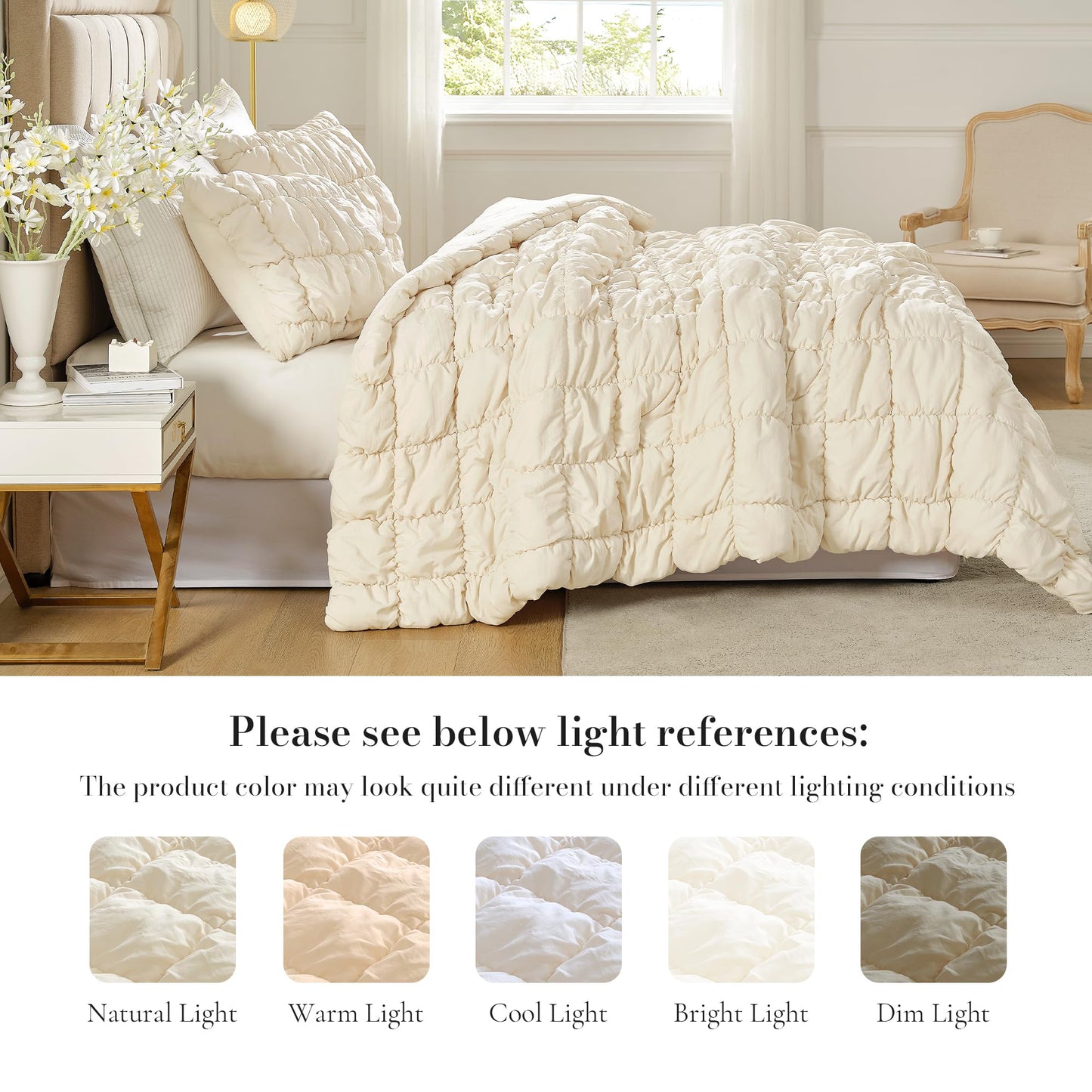 Amélie Home Beige Comforter Set King, Bubble Lightweight Bed Set King Size for All Seasons, 3 Pieces, Bedding Set with Comforters and Pillow Cases