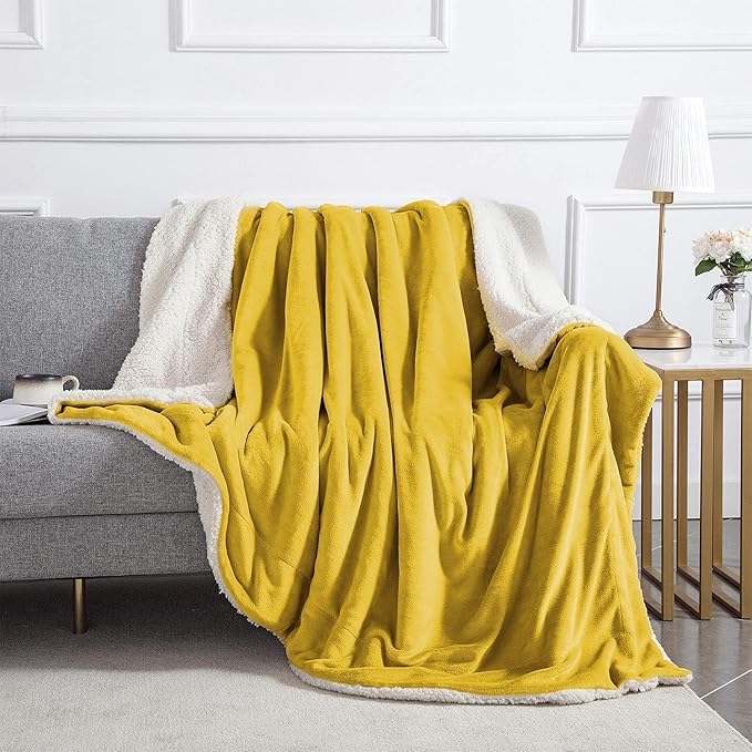 IR Imperial Rooms Sherpa Fleece Throw Blanket Twin Size for Couch - Thick and Warm Fluffy Blankets for Winter, Soft and Fuzzy Twin Blanket for Bed, Yellow, 60x80 Inches