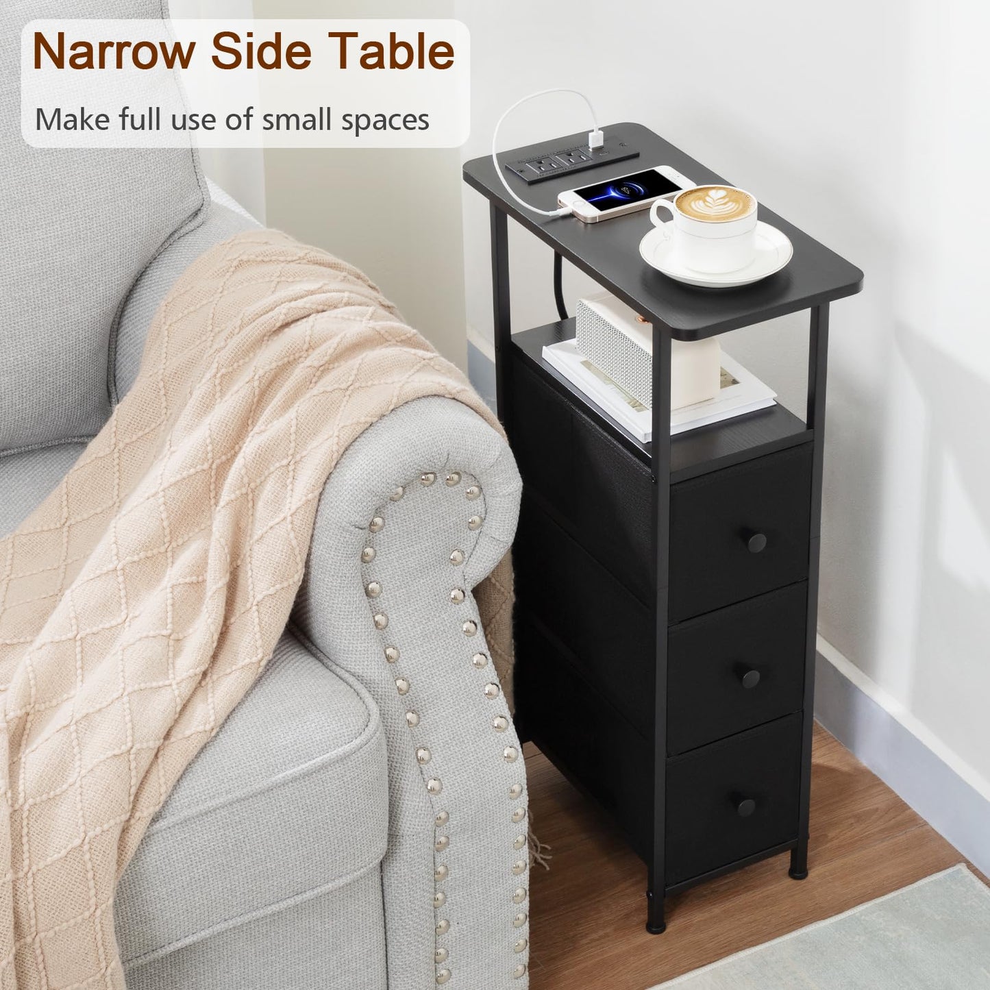 LOAKEKEL Narrow End Tables Living Room Set of 2 with Charging Station, Skinny Side Table with Fabric Drawers, Slim Nightstand for Bedroom, Small Spaces, Couch, Black, HETNDP03BK
