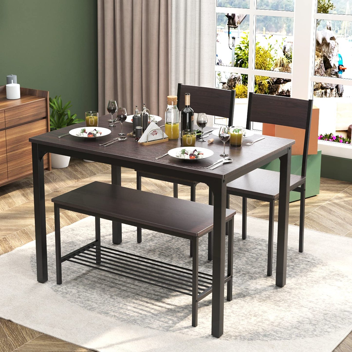 soges Dining Table Set for 4, 43.3 inch Kitchen Table Set with Chairs and Bench, 4 Piece Dining Room Table Set for Small Space, Apartment, Restaurant, Rustic Oak