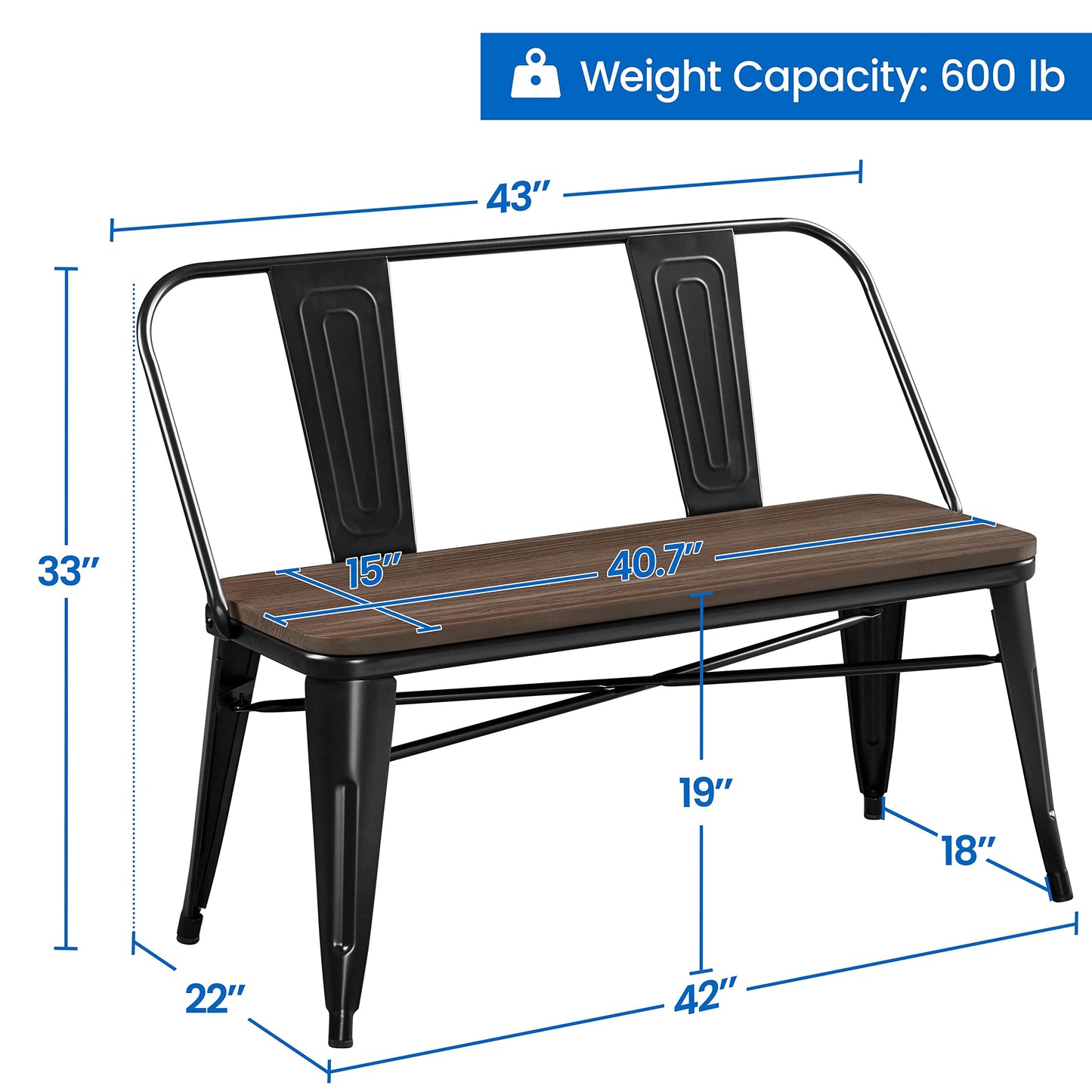 Yaheetech Industrial Metal Dining Bench Mid-Century Farmhouse Bench with Wooden Top Seat and Removable Backrest for Kitchen/Garden, Black