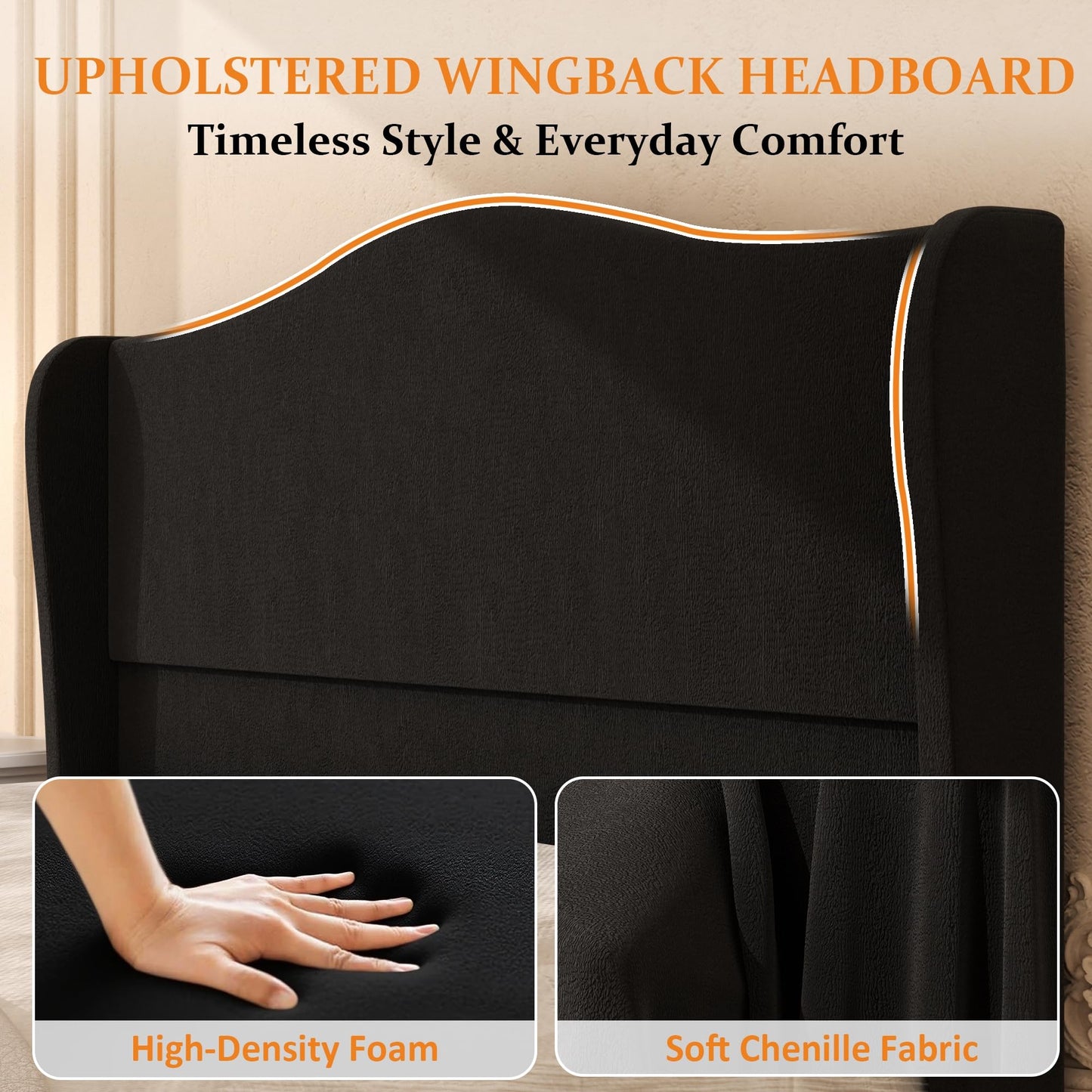 Konprosp King Size Bed Frame with 51" Tall Headboard, Chenille Upholstered Platform Bed Frames with Classic Curved Wingback & Retro Wood Legs, No Box Spring Needed, Noise Free, Easy Assembly, Black