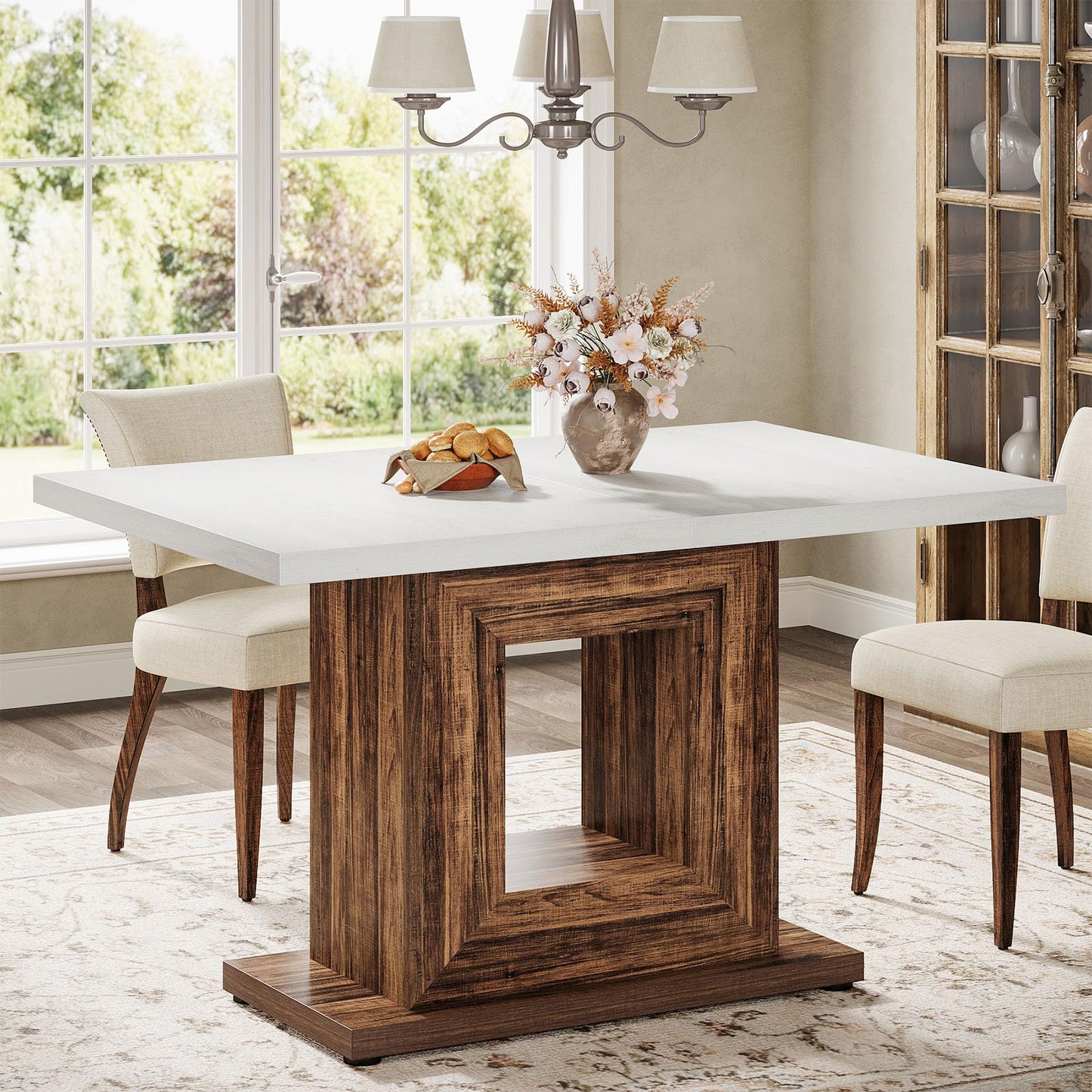 Tribesigns 47-Inch Farmhouse Dining Table for 4, White Kitchen Dinner Table with Heavy Duty Pedestal, Rustic Wooden Eating Table for Home, Dining Room, Small Space, White & Brown