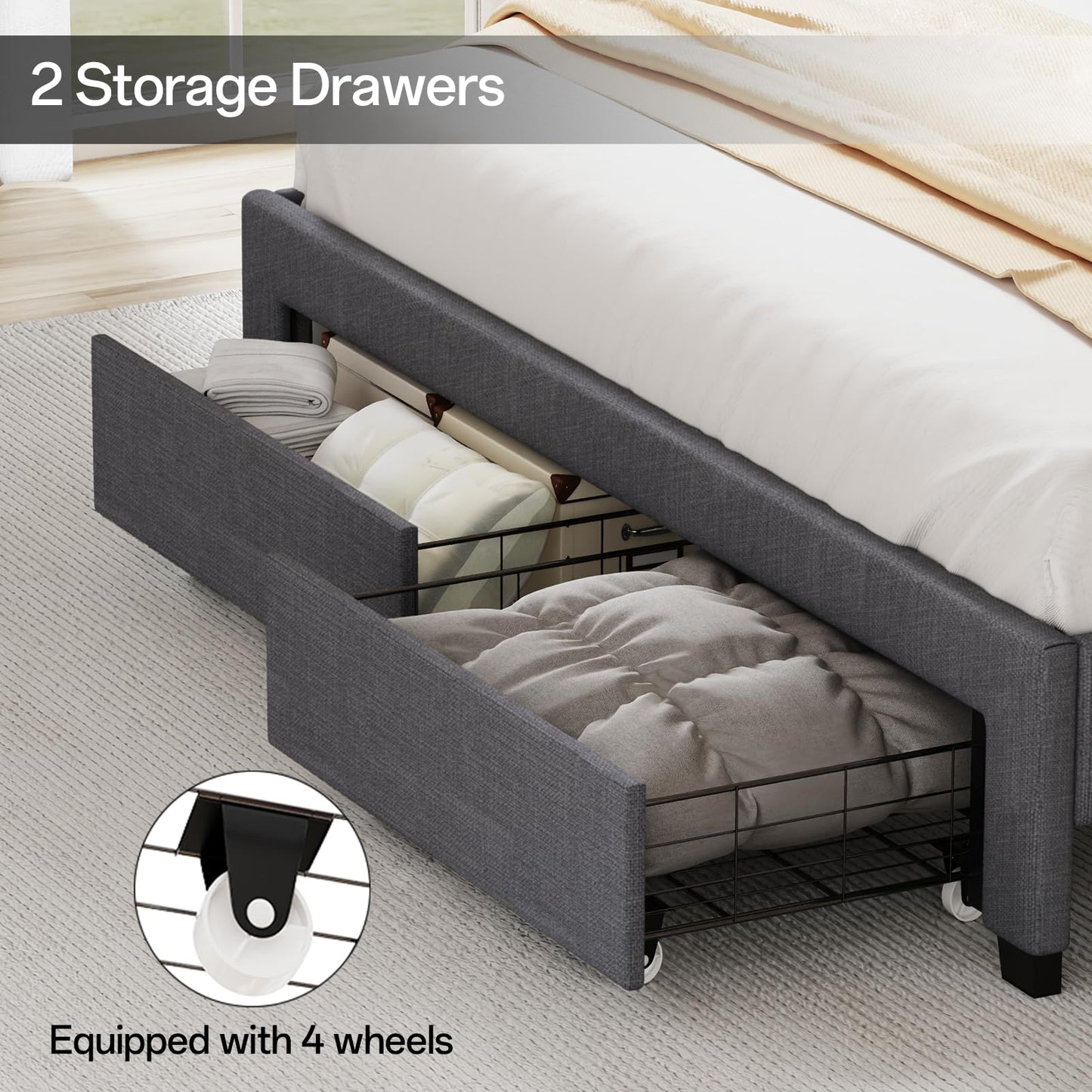 VINTLJUS Queen Size Bed Frame, Queen Bed Frame with Storage Drawers, Upholstered Bed Queen Size with Charging Station and LED Lights, Easy Assembly, Grey