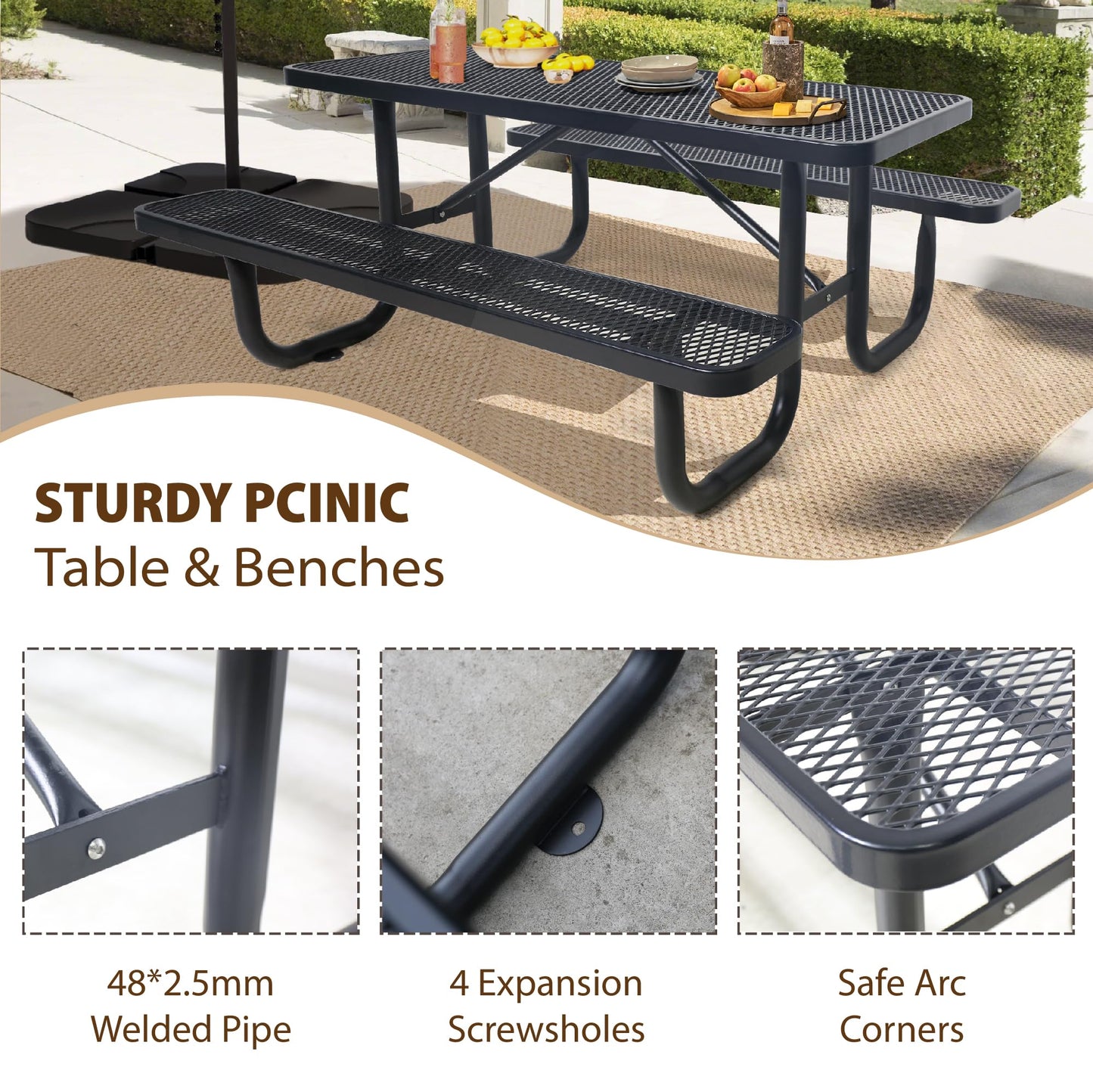 HIMcup 6 FT Metal Picnic Tables for Outside, Outdoor Coated Steel Heavy Duty Commercial Picnic Table with Benches, Patio Table Rectangular Furniture Set for Garden, Lawn, Shops, Parks