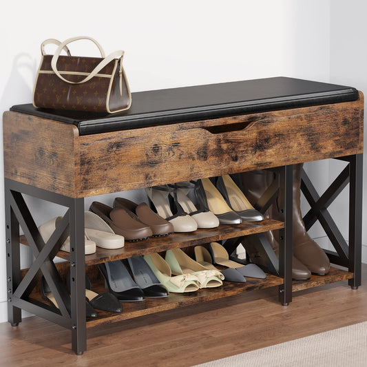 astimey Shoe Bench, Lift Top Shoe Storage Bench, Adjustable Shelf Entryway Bench, Metal and Wood Shoe Rack Organizer with Cushion for Entry, Bedroom, Closet, Living Room, Hallway (Brown, 35.5“W)