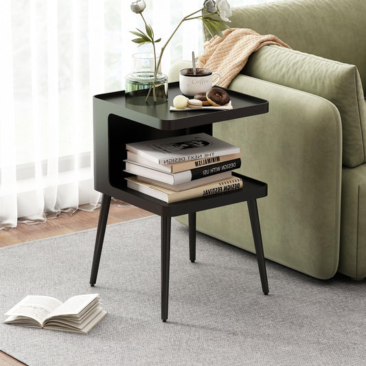 BAOGELIYA Black Modern Side Table, 2 Tier Small End Tables Bedroom, Metal Side Tables Living Room with 4 Legs, Black Nightstand Square Accent Table for Indoor Outdoor, Easy Assembly