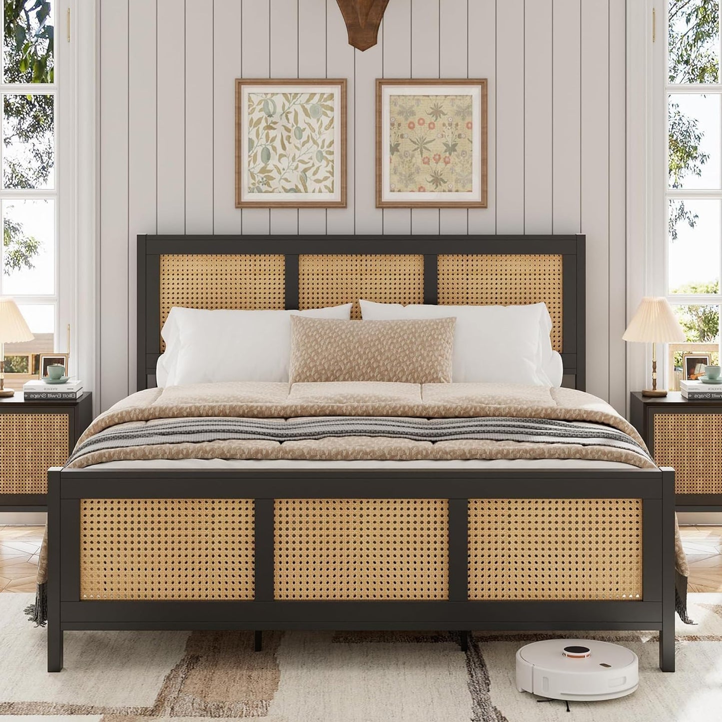 IDEALHOUSE King Size Bed Frame with Headboard, Bohemian Rattan Platform Bed Frame with Strong Metal Slats Support, No Box Spring Needed, Noise-Free Design, Black