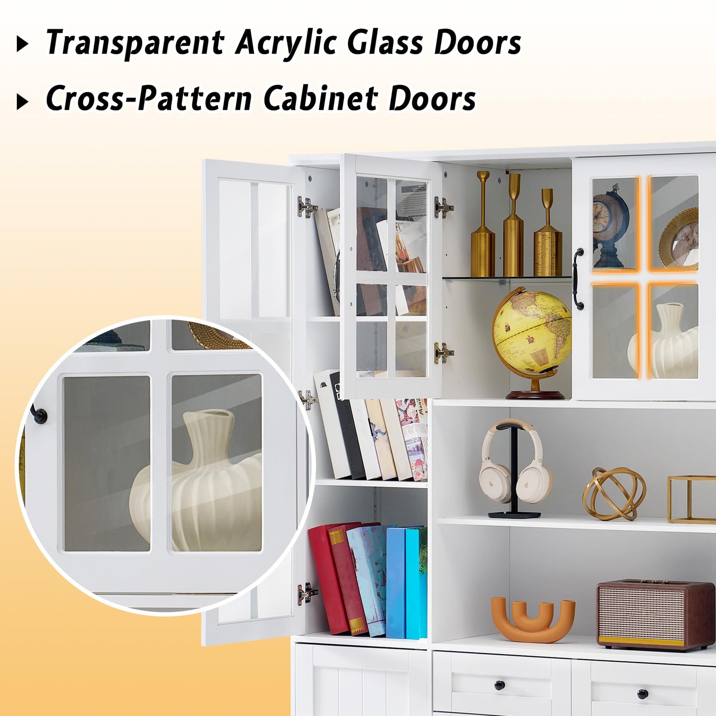 AMERLIFE 79" Tall Storage Cabinet with Glass Doors & LED Lights, Modern Large Display Cabinet with Drawer & Adjustable Shelves, Accent Furniture for Study/Living Room, Dining Room, Home Office, White