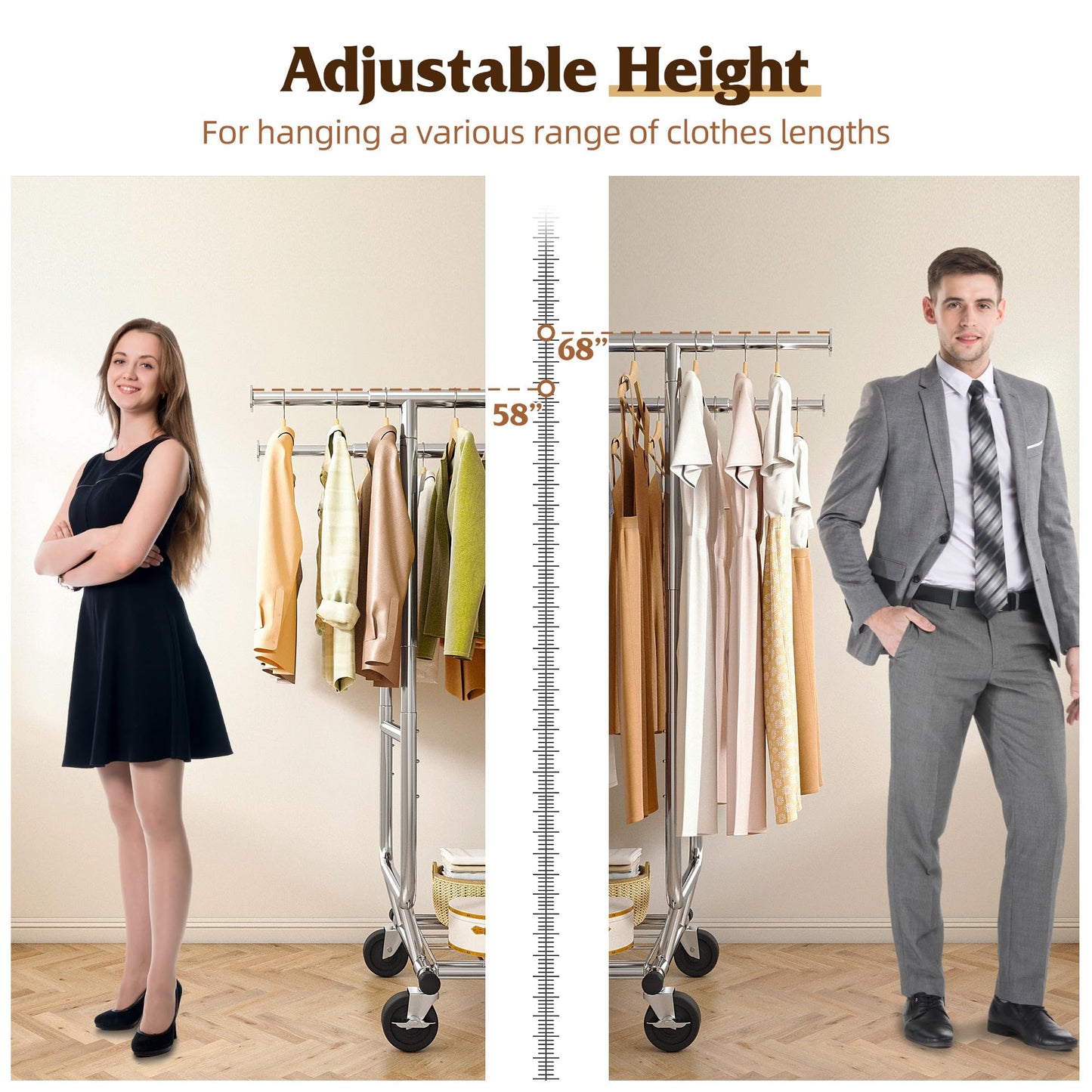 Raybee Clothes Rack Load 630LBS, Heavy Duty Clothes Rack, Rolling Clothing Racks for Hanging Clothes with Wheels, Adjustable & Commercial Garment Rack, 22" D x 75" W x 68" H