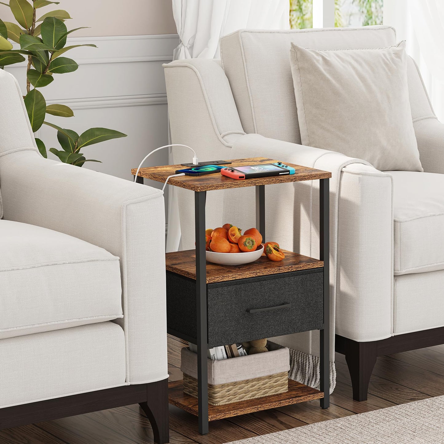 TUTOTAK End Table, Side Table with Charging Station, Nightstand Set of 2, Bedside Table with Fabric Drawer, Couch Table for Livingroom and Bedroom, Brown TB01BB0692