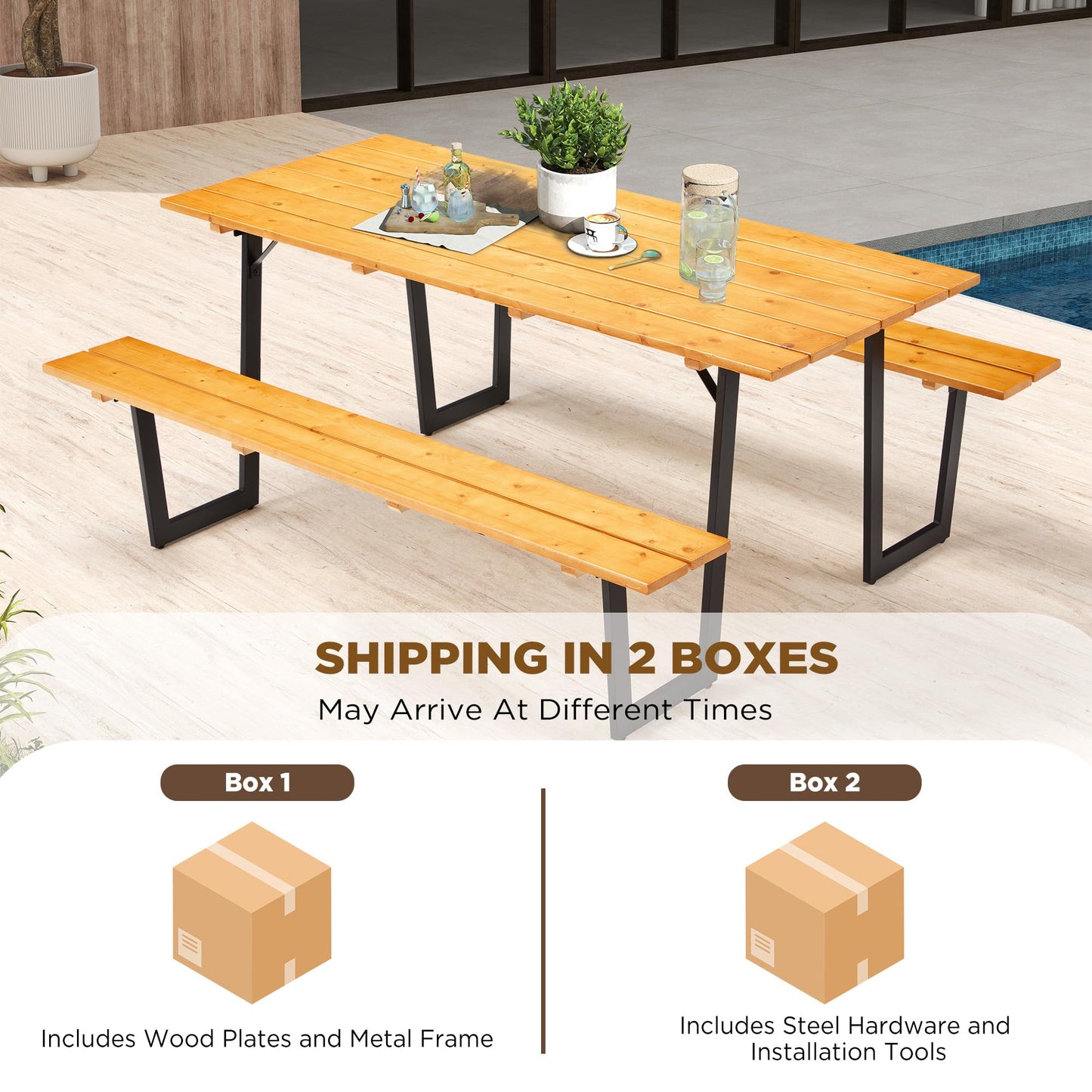 AVAWING 70" Wood Picnic Table for Outdoor, Rectangle Patio Dining Table and Bench Set, Heavy-Duty Picnic Beer Table Bench Set for Garden, Lawn & Backyard, Yellow