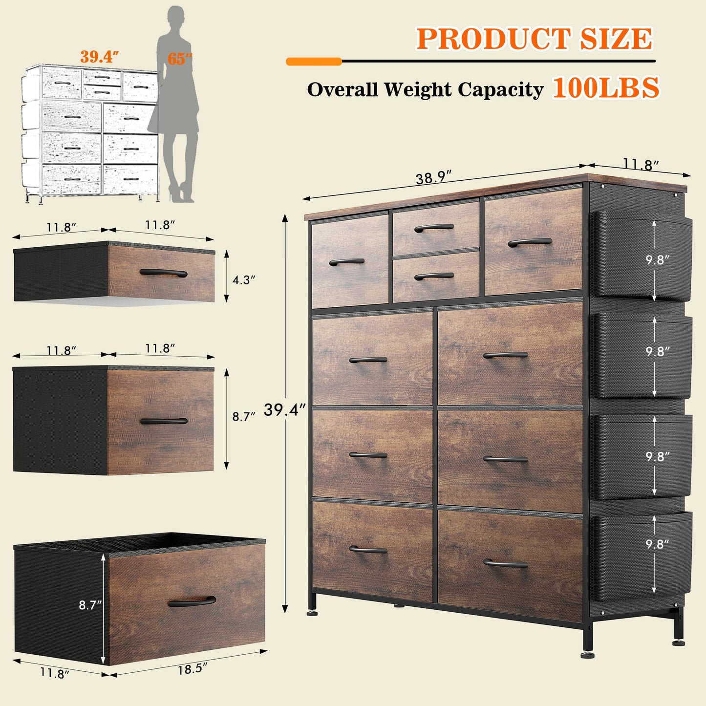 Lulive Dresser for Bedroom with 10 Drawers, Chest of Drawers with Side Pockets and Hooks, Fabric Storage Organizer Unit for Living Room, Hallway, Closet (Rustic Brown)