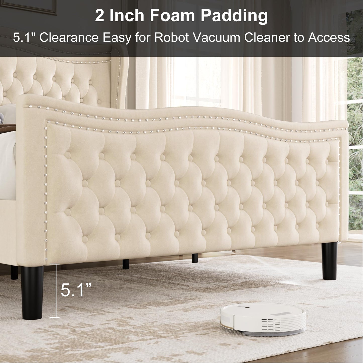 Generic Full Bed Frame, 52"" Headboard Upholstered Bed with Tall Footbaord, Velvet Upholstered Deep Button Tufted Wingback Platform Bed, No Box Spring Required/Wood Slat Support/Beige