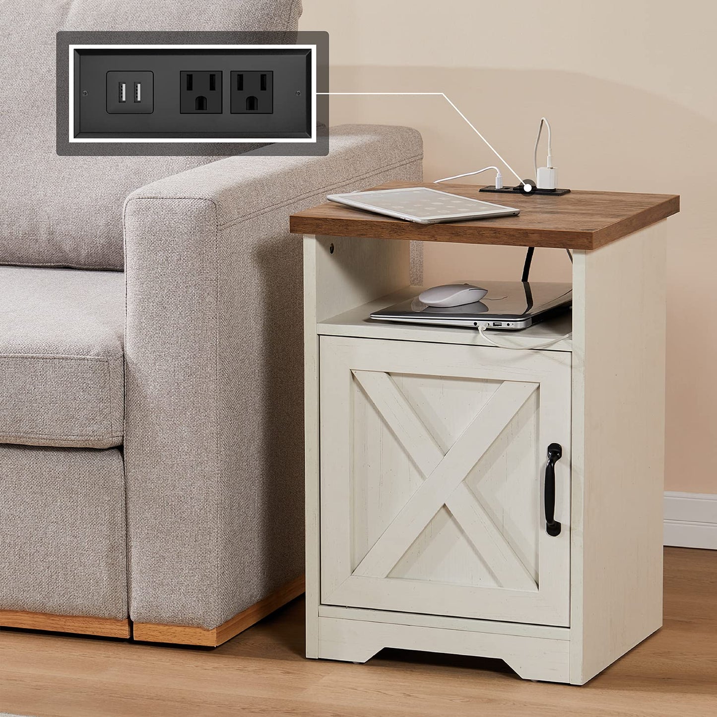 AMERLIFE 3-Piece Farmhouse Living Room Table Set with Coffee Table & 2 End Tables, Charging Station & USB Ports, Distressed White