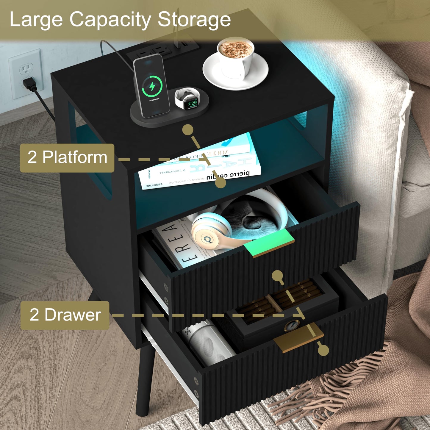 JOONEE Black Nightstand with Charging Station and LED Lights,Modern Bedside Table with 2 Storage Drawer and Open Wood Shelf, for Bedroom and Small Spaces,Night Stand with Solid Wood Legs,Black
