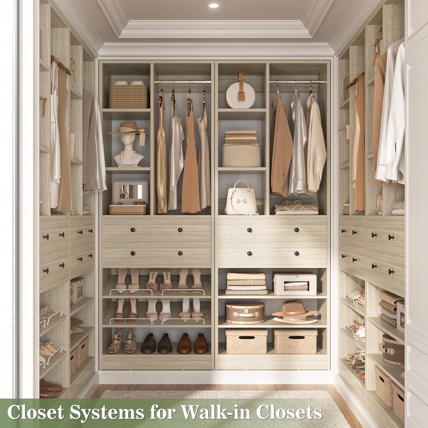 Besiost Closet System, 111"/9.3 FT Closet Organizer System with 8 Drawers and Shelves, Can Fit 120"/10FT Walk-in Closets Systems, Free Standing Reach in Closet Tower, Load 2400+LBS, Greige
