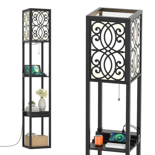 Carved Floor Lamp with 3 Shelves, Tall Standing Light for Bedroom & Living Room, 2 USB Charging Ports Drawer Storage, Stylish Wooden Reading Home Office