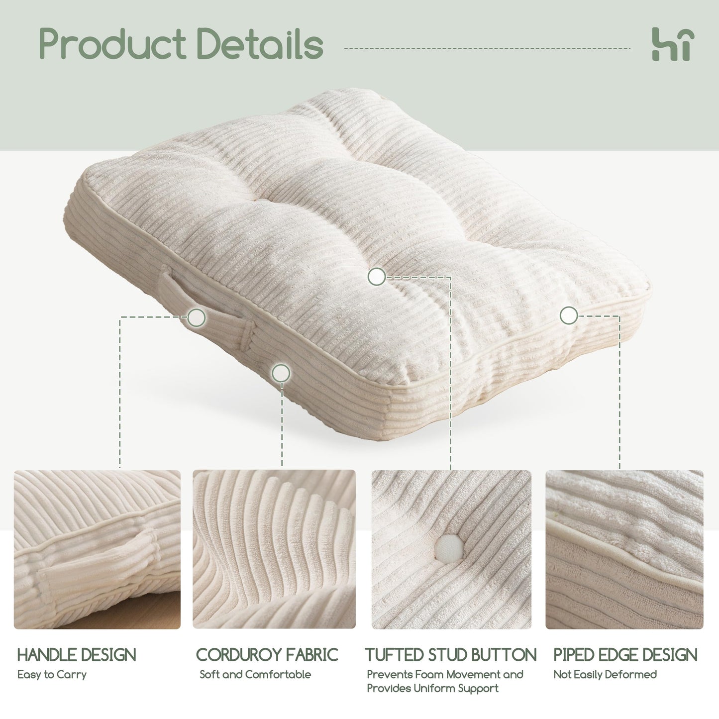 HIGOGOGO Washable Floor Pillow Cushion for Adults, Meditation Cushion Pillow, Large Square Floor Sitting, Removable Tufted Corduroy Cover, for Tatami Living Room or Yoga, 22x22 Inch, Machine Washable