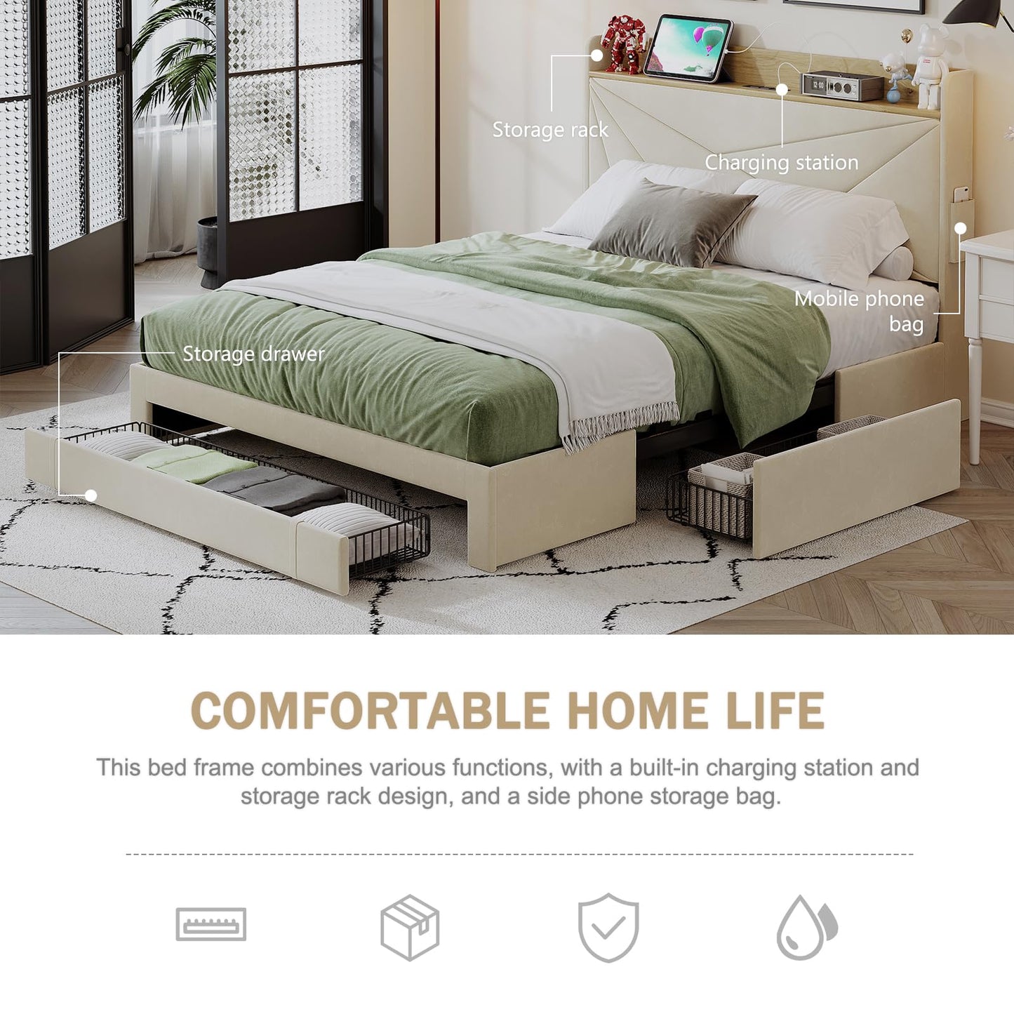 Ugijei King Size Bed Frame with Headboard & Charging Station, Upholstered Platform Bed Frame King Size with 3 Storage Drawers, No Box Spring Needed, Easy Assembly, Cream